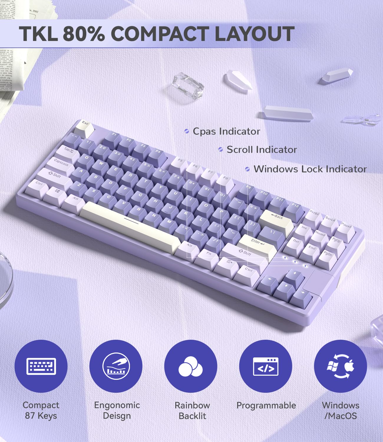 AK873PRO-XINMENG X87 75% Wired Gaming Keyboard with Custom Pre-Lubed Switches | TKL 80% Gasket Mount Mechanical Keyboard | LIGHTSYNC RGB Backlit | 87-Key Compact Design | PBT Keycaps | USB-C Coiled Cable for PC & Mac (Purple) - Perfect for Esports, Typing & Office Work