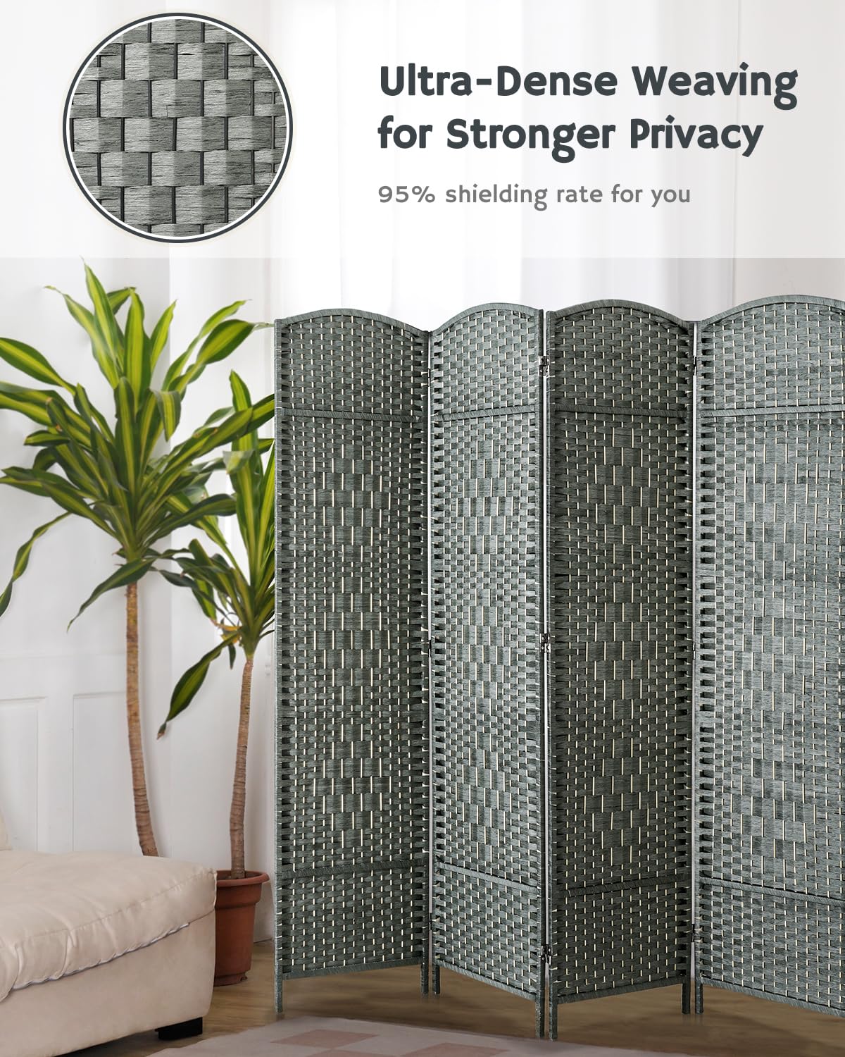 JOSTYLE 6ft Tall Extra Wide Folding Room Divider - Diamond Double-Weave Privacy Screen for Home & Office (Grey, 8-Panel) | Freestanding Partition for Bedroom, Living Room & Workspace