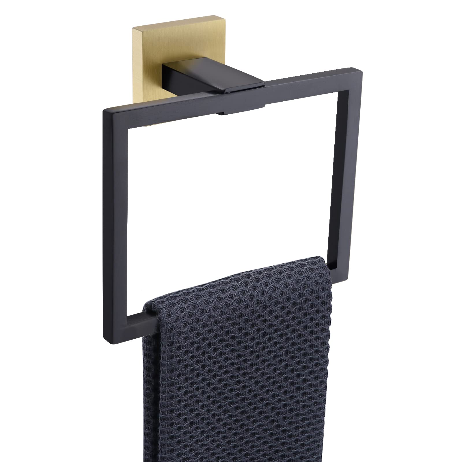 Black and Gold Stainless Steel Square Towel Ring - Wall Mounted Bathroom Hand Towel Holder for Modern & Luxury Home Decor - Perfect for Powder Rooms, Guest Bathrooms, and Spa-Style Vanities