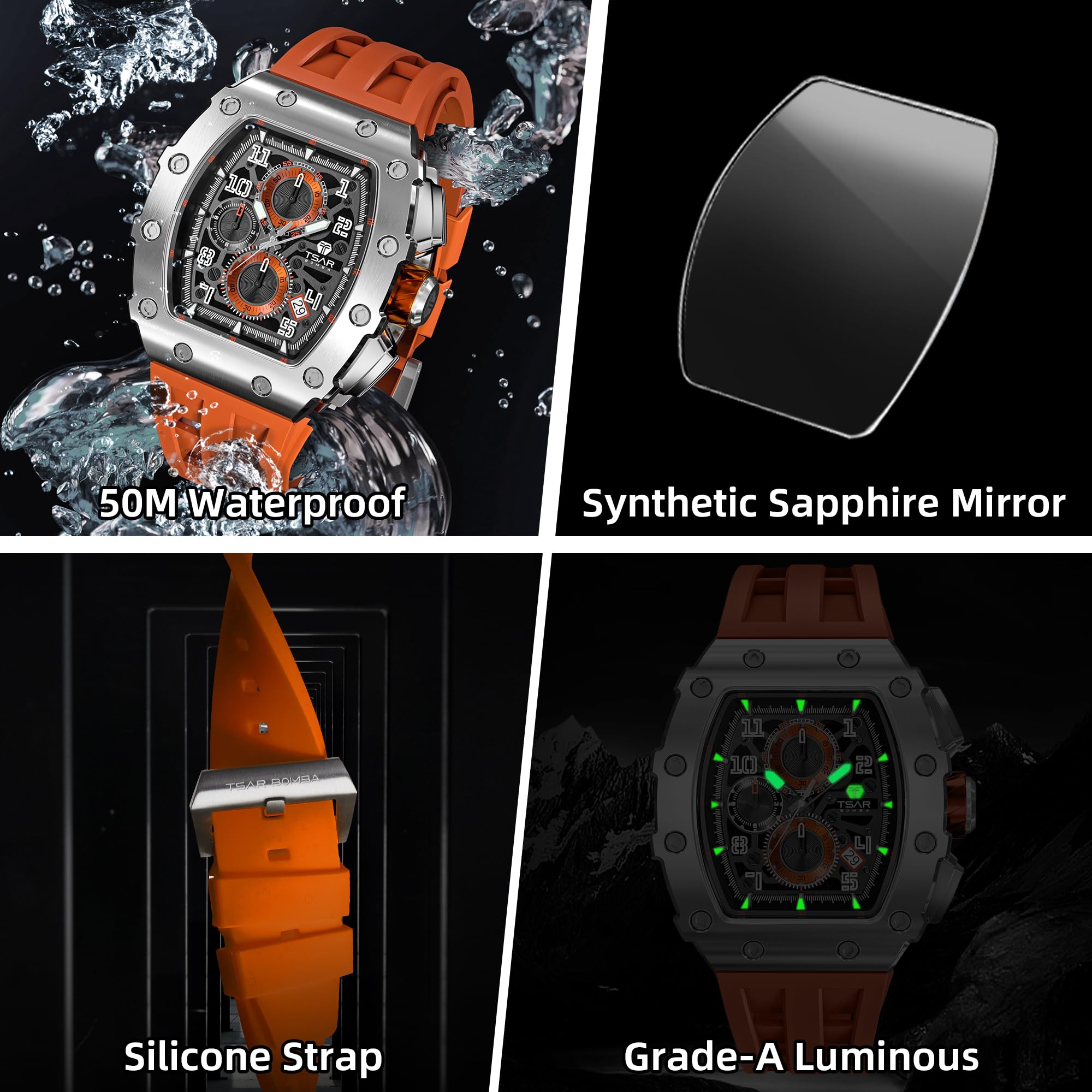 TSAR BOMBA Luxury Men's Watch - 50M Waterproof Tonneau Chronograph with Japanese Quartz Movement & Silicone Band - Perfect for Business, Casual Wear & Outdoor Activities - Ideal Gift for Men