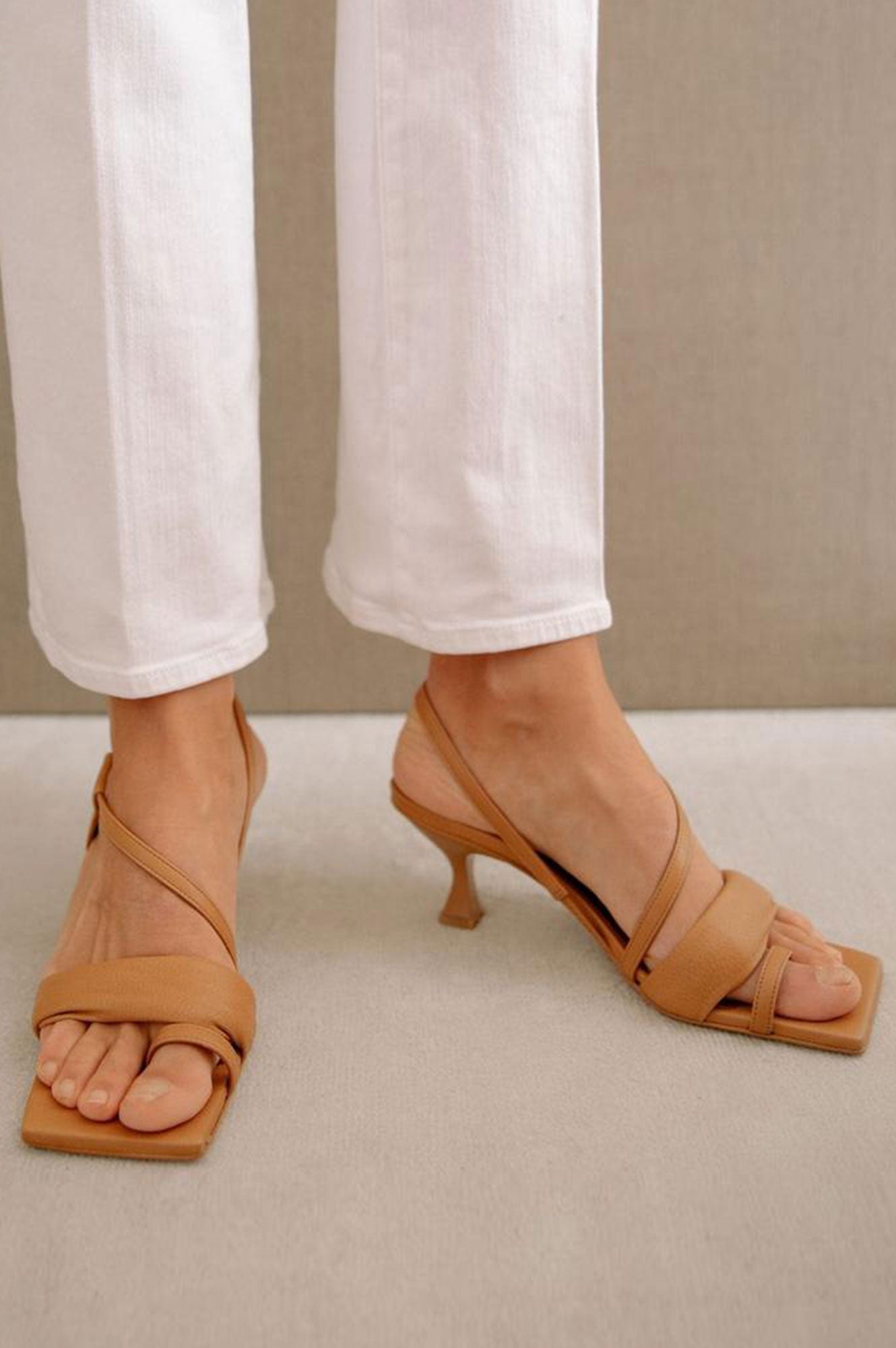 Women's Asymmetric Leather Sandals in Camel Color - Comfortable Boho Chic Slide Sandals for Summer Beach, Vacation and Casual Outfits