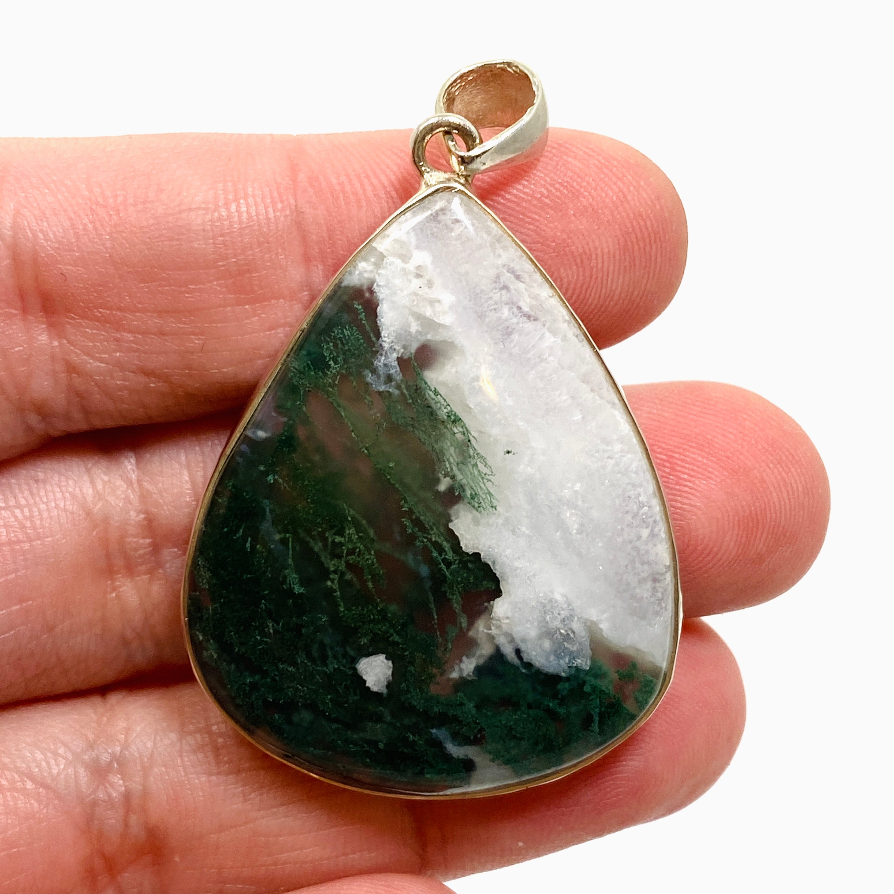 Natural Moss Agate Teardrop Cabochon Pendant in Handcrafted Hammered Sterling Silver Setting KPGJ4709 - Perfect for Boho Jewelry, Healing Crystal Necklaces & Spiritual Gifts