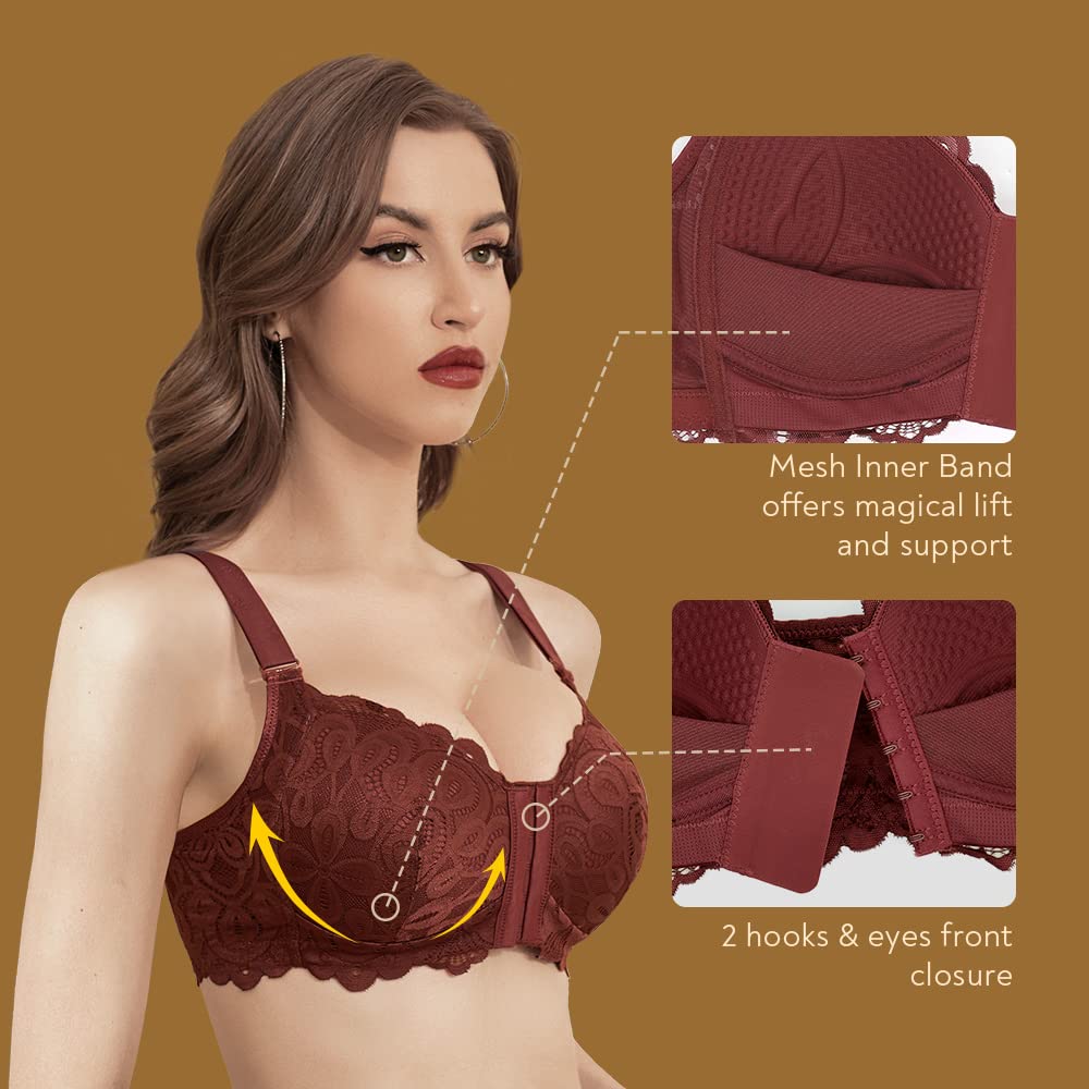 FallSweet Wireless Front Close Comfort Bra for Women - Lace Full Coverage Brassiere - Perfect for Everyday Wear, Yoga & Lounge