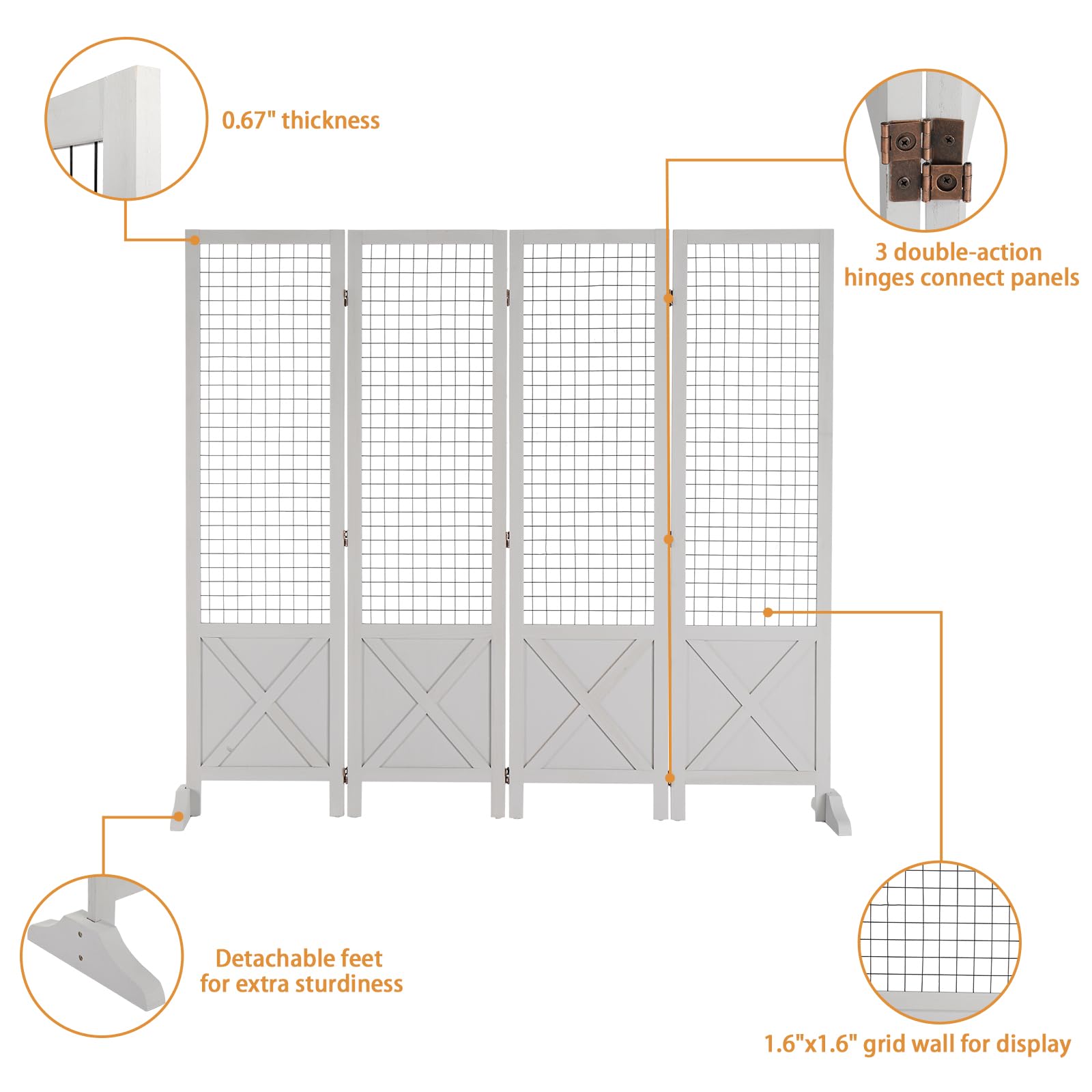 VINGLI 4 Panel Freestanding Room Divider - 5'×5' White Gridwall Display Board with Wooden Frame & Base Feet - Perfect for Craft Shows, Retail Stores, Events, and Home Office Organization