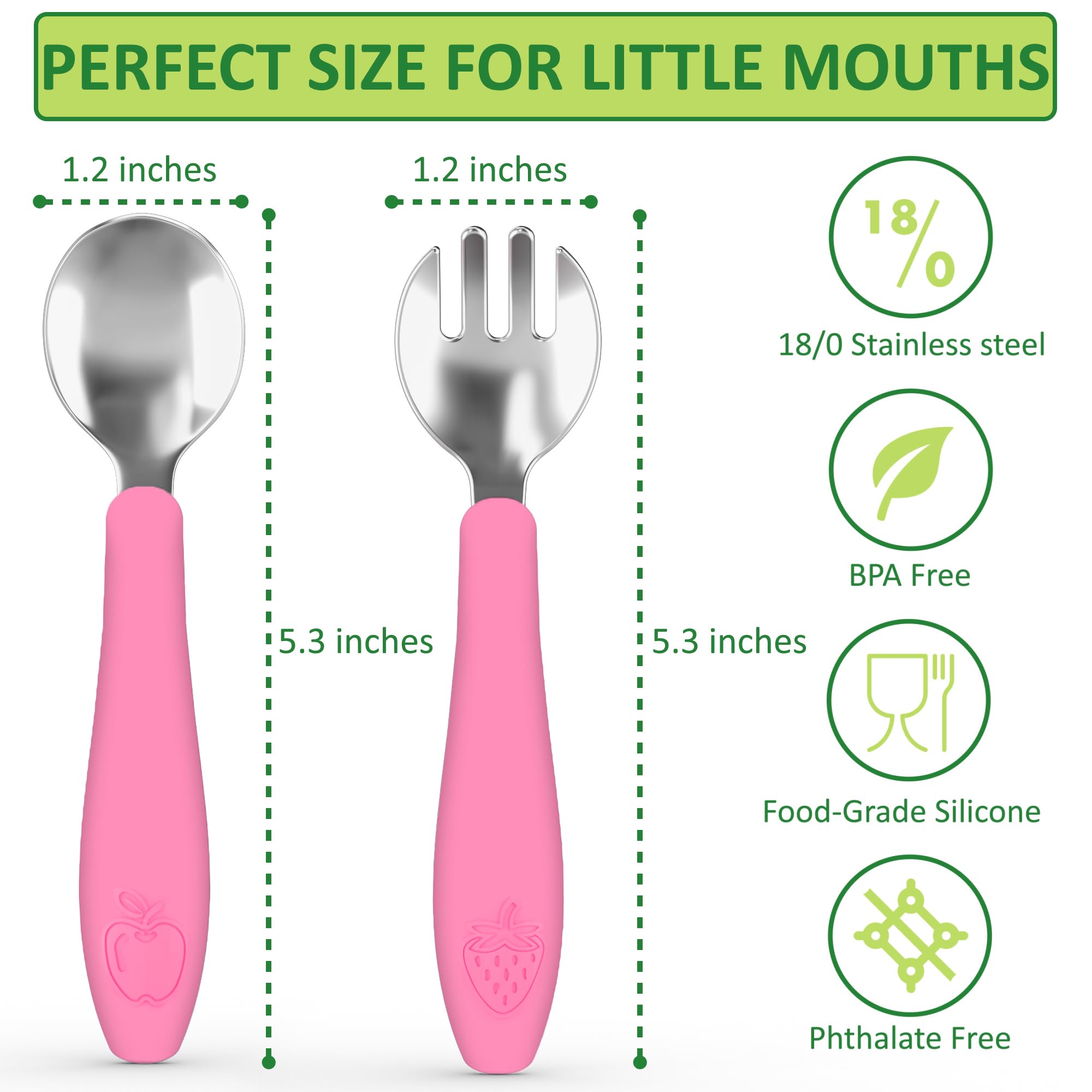 CHILLOUT LIFE Toddler Utensil Set - BPA-Free Stainless Steel Baby Forks & Spoons with Soft Silicone Handles for Self Feeding | Dishwasher Safe | Perfect for Home, Daycare & Travel Meals