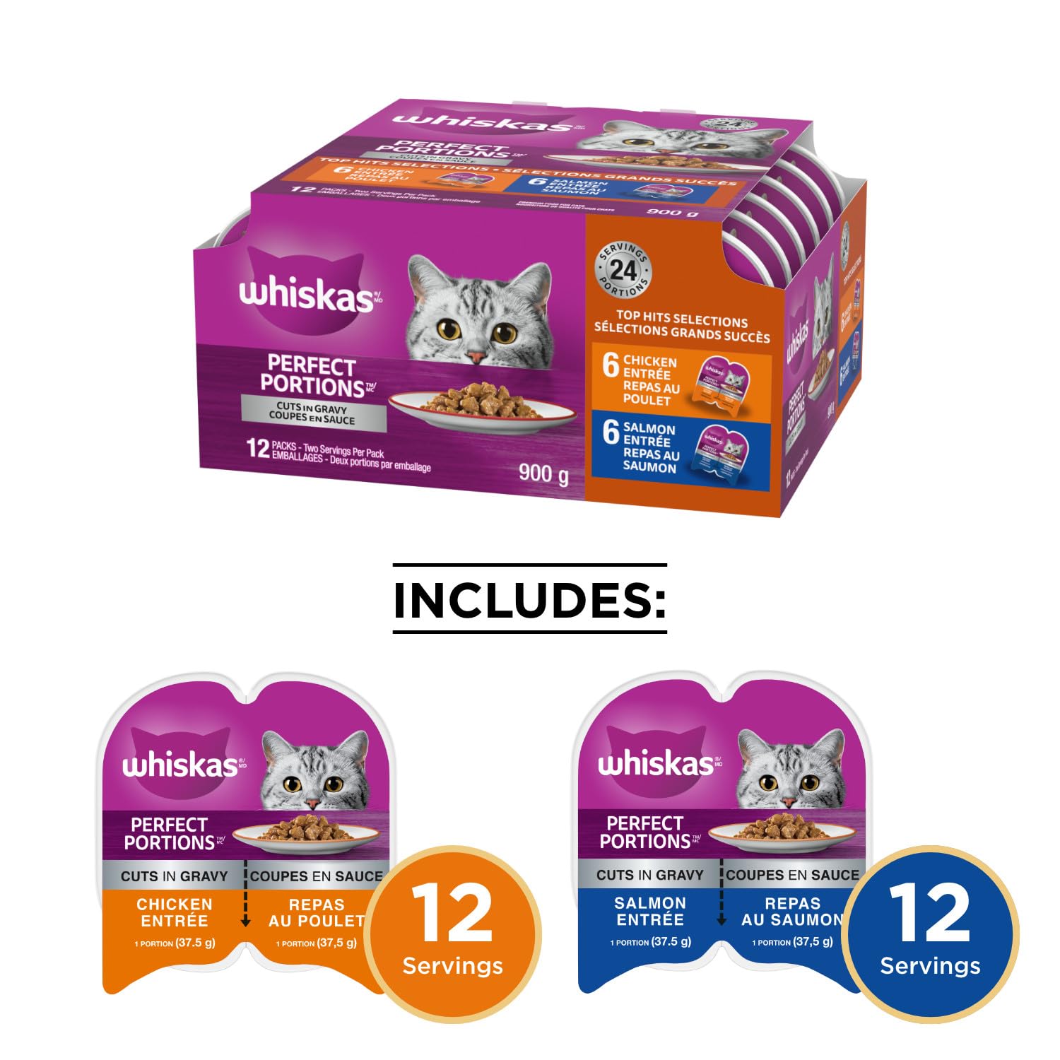WHISKAS Perfect Portions Wet Cat Food Cuts in Gravy - Chicken & Salmon Flavor - 12 Pack (75g Each) - High Protein Meal for Adult Cats - Perfect for Picky Eaters & Daily Feeding