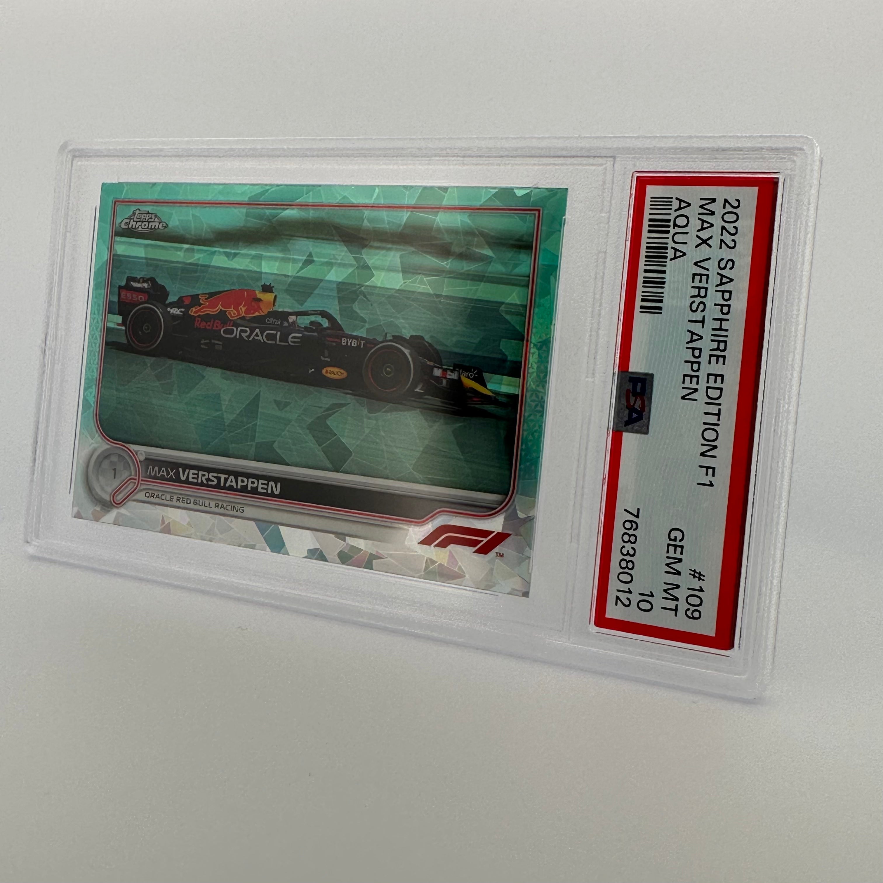 PSA 10 Graded Max Verstappen #109 Sapphire Edition Aqua 37/99 - Rare F1 Racing Trading Card for Collectors & Sports Memorabilia Enthusiasts
