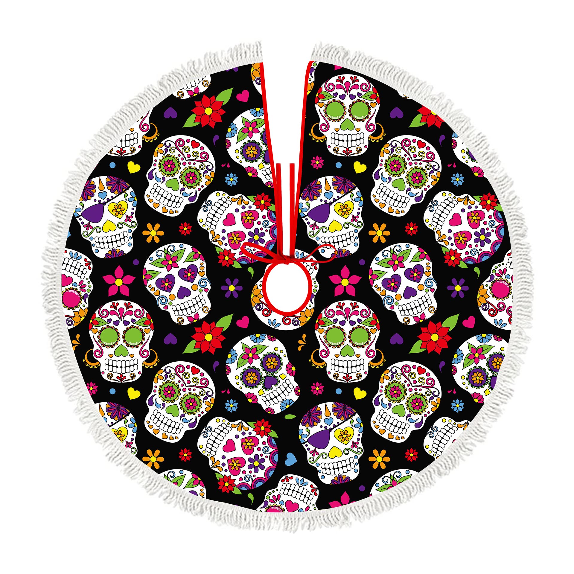 30-inch Sugar Skull Tassel Christmas Tree Skirt - Holiday Decor for Christmas, Thanksgiving, Home & Office Parties - Perfect for Indoor & Outdoor Festive Decorations