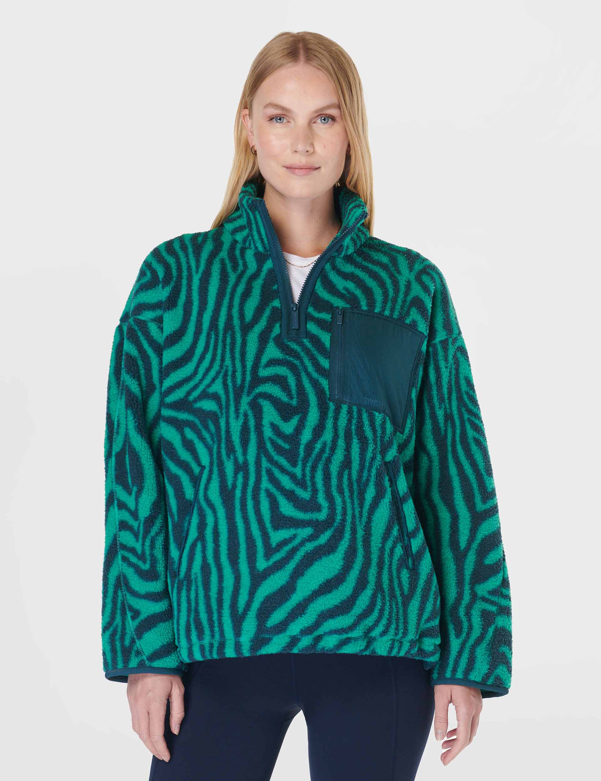 Karma Fleece Half Zip Pullover - Green Abstract Zebra Print Fleece Jacket for Men & Women | Cozy Outdoor Hiking & Casual Winter Wear