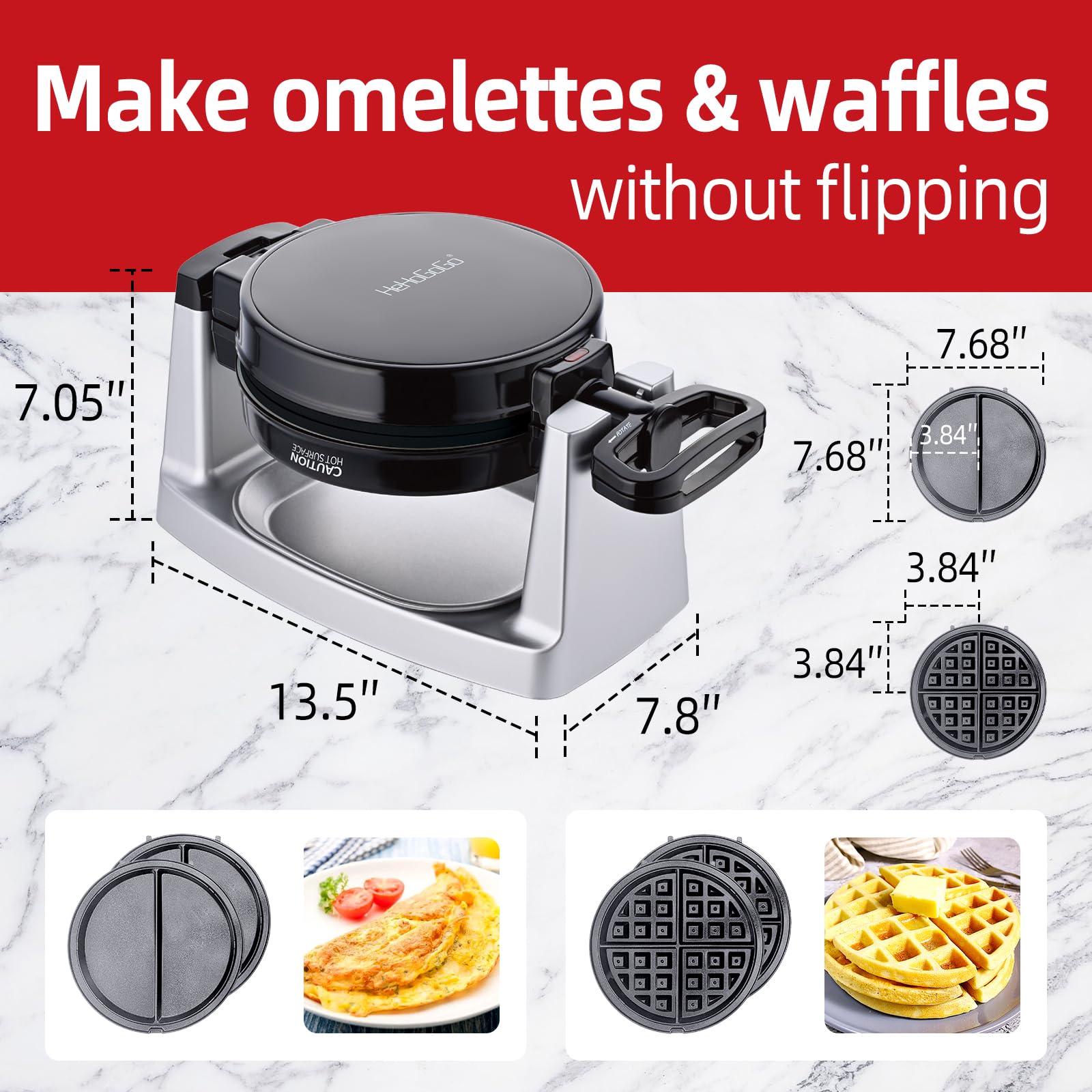 2-in-1 Rotating Waffle Maker & Omelet Maker with Removable Non-Stick Plates - 180° Belgian Waffle Iron for Perfect Breakfast & Brunch - Ideal for Home, Kitchen, Parties & Gifts