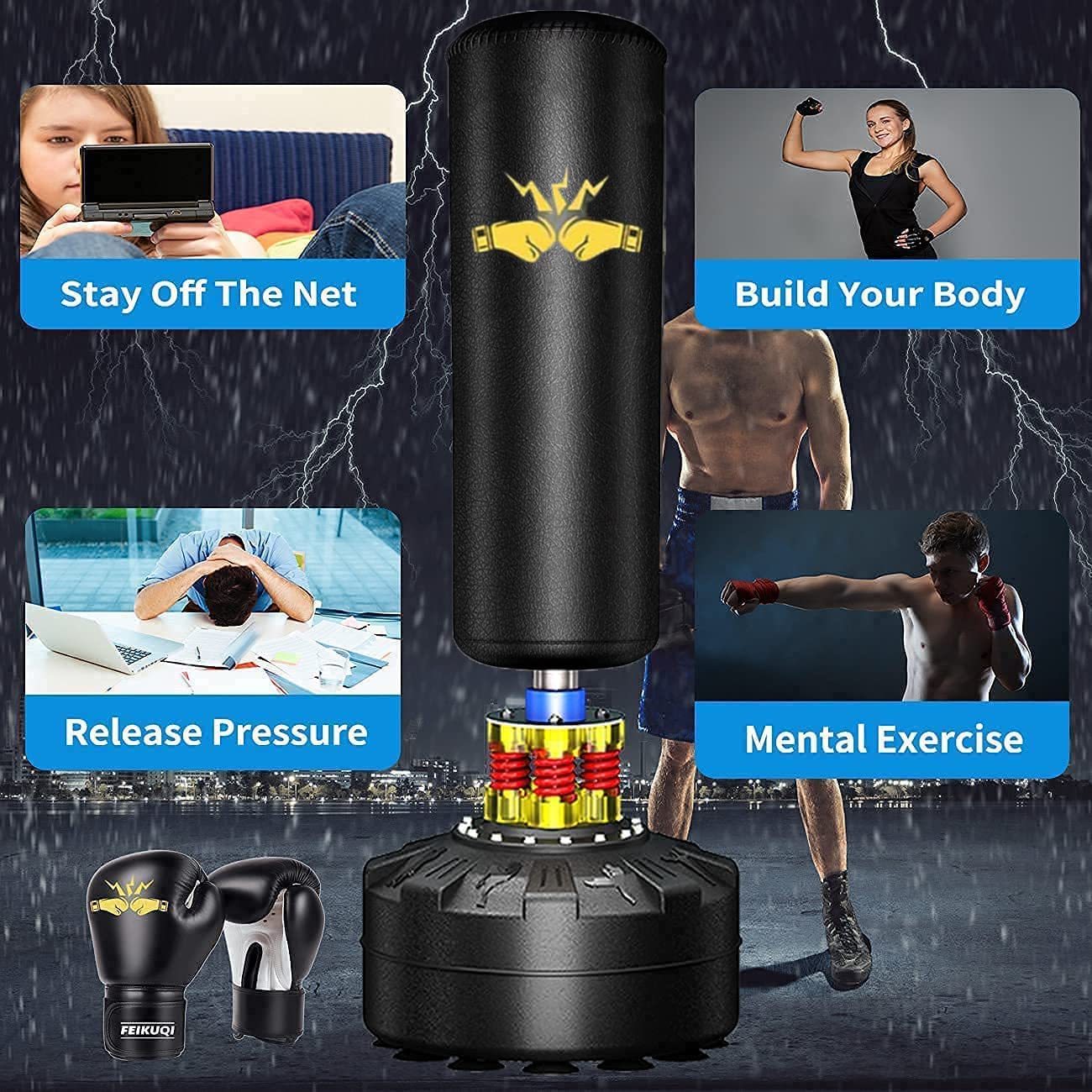 70'' 205lbs Heavy Duty Freestanding Punching Bag with Stand - Professional Boxing Training Equipment for Adults & Youth - Includes 12OZ Pro Gloves (Black) - Perfect for Home Gym, Martial Arts Practice & Fitness Workouts