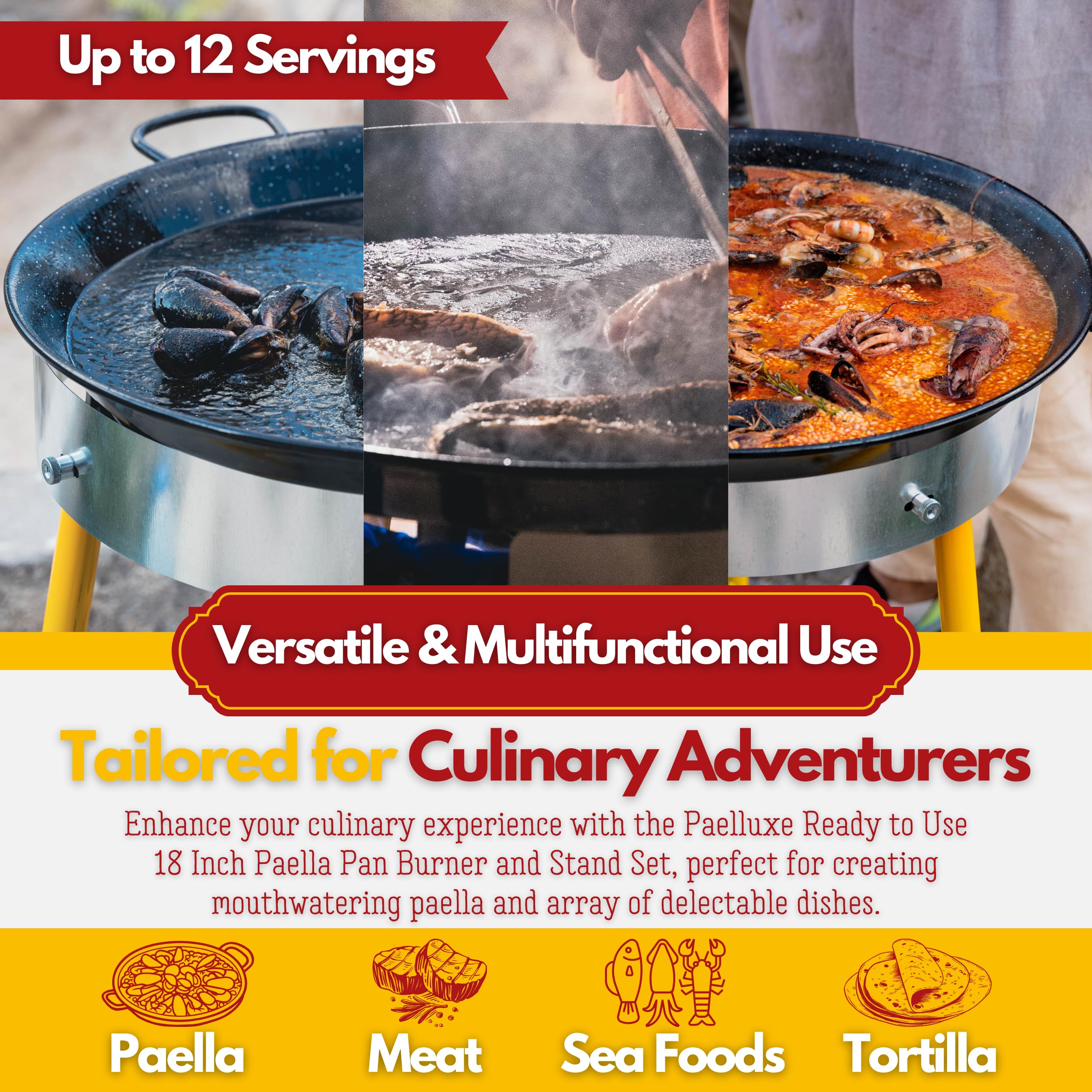 Premium 18-Inch Enameled Steel Paella Pan Set – Rust-Proof Outdoor Cooking Kit with Dual Burner Propane Stove & Stand – Serves 12 – Perfect for Backyard Parties, Camping & Spanish Cuisine