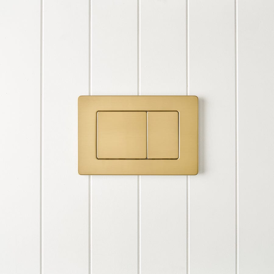Elegant Curved In-Wall Toilet with Rectangle Brushed Brass Buttons - Modern Water-Saving Bathroom Solution for Home & Commercial Spaces
