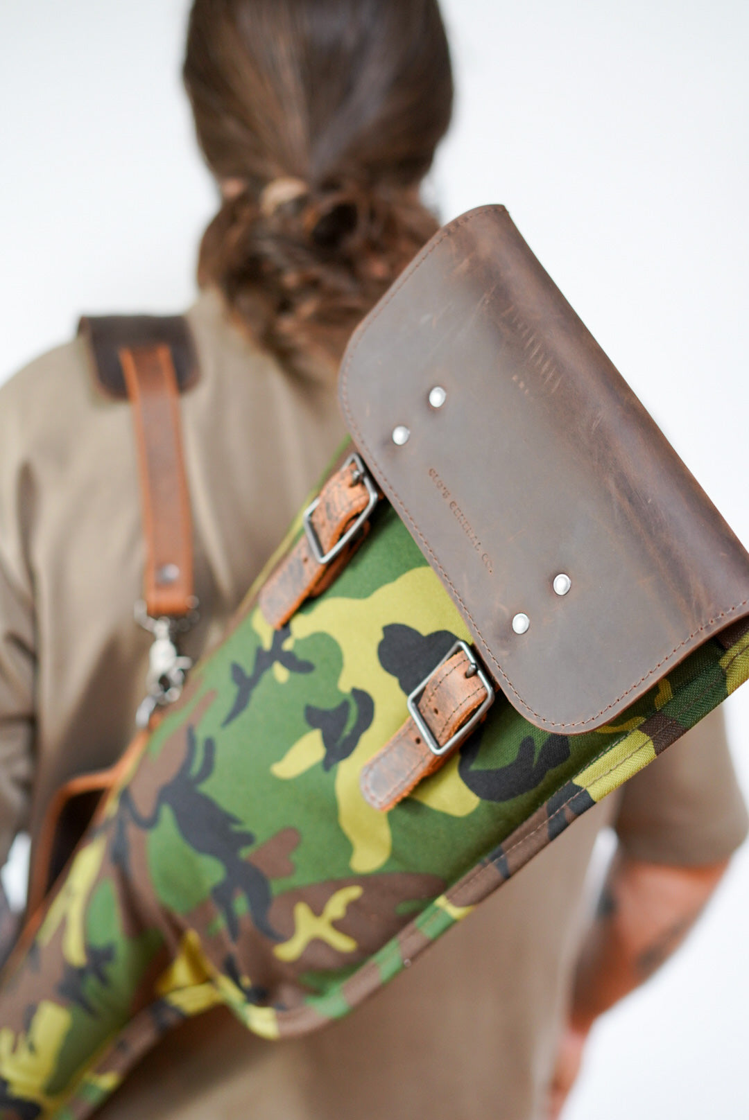 Limited Edition Camo Fishing Rod Case with Brown Leather Accents - Durable Protective Cover for Travel & Outdoor Fishing Gear Storage