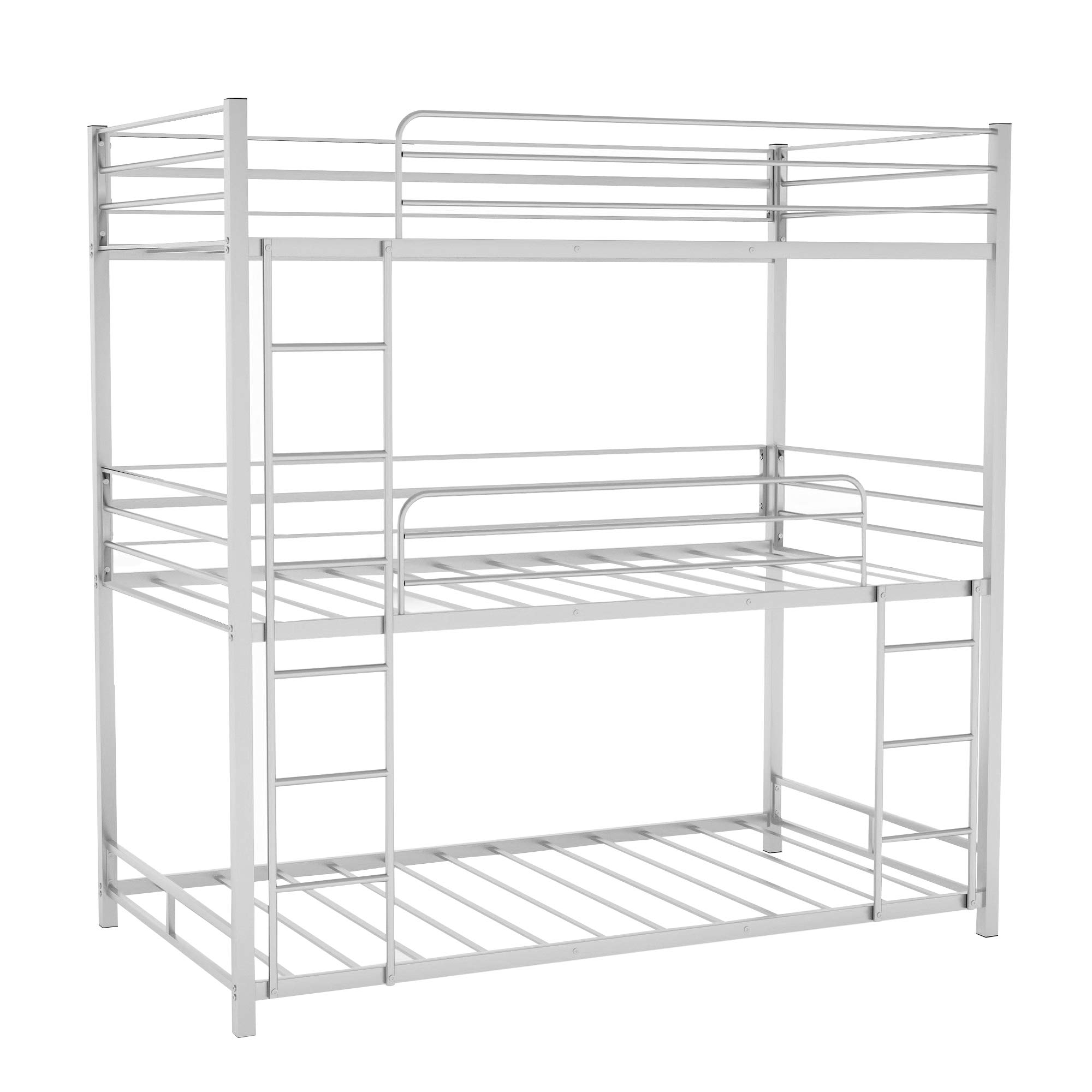 Sturdy Metal Triple Bunk Bed Frame - Twin Over Twin Over Twin with Safety Guardrails & Built-in Ladder for Kids & Teens (Silver) - Perfect for Small Bedrooms, Dormitories & Vacation Homes