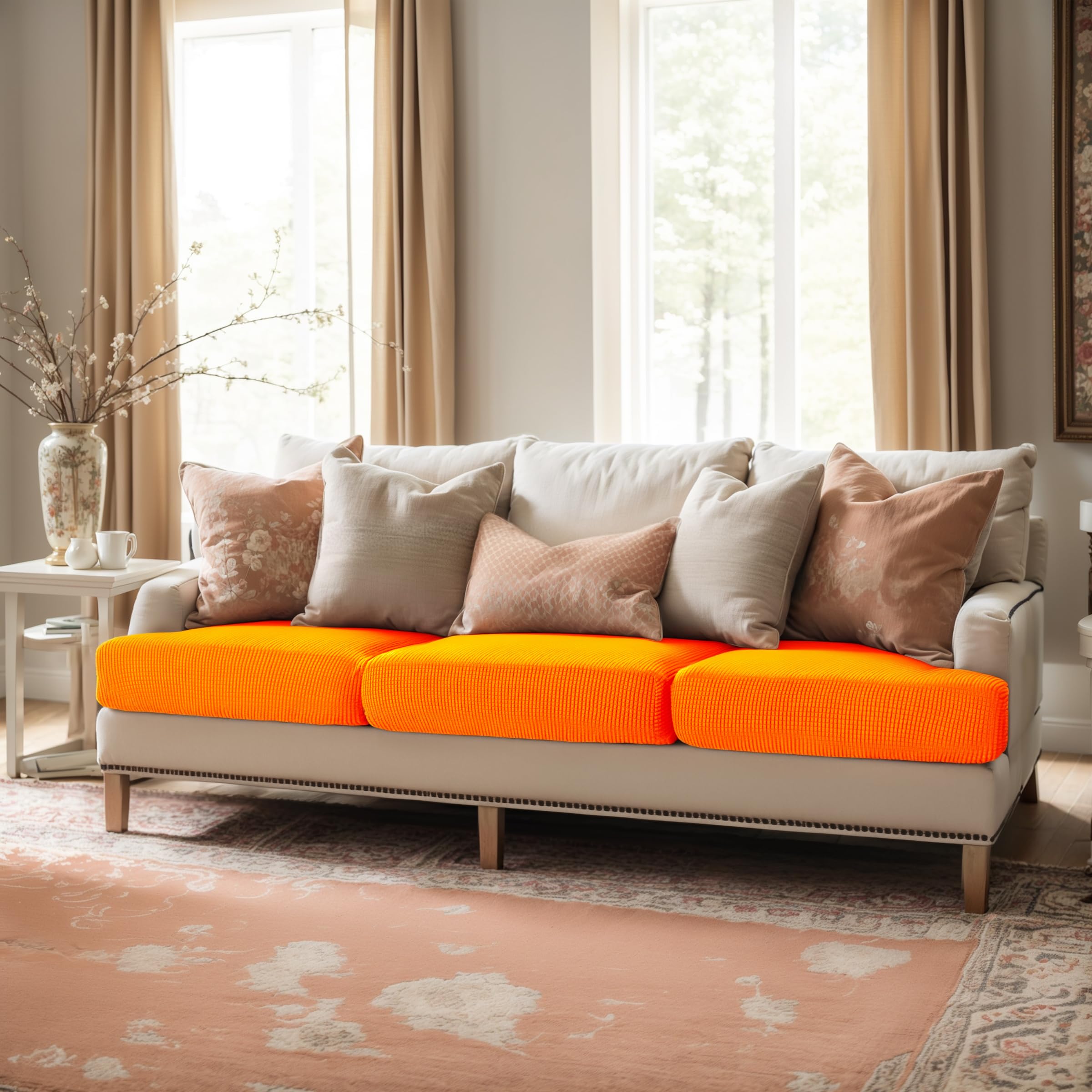 Stretch Cushion Covers 3-Pack - Elastic Sofa Slipcovers for Couch, Loveseat, RV & Chair - Spandex Furniture Protector in Orange - Perfect for Home, Office & Travel Use