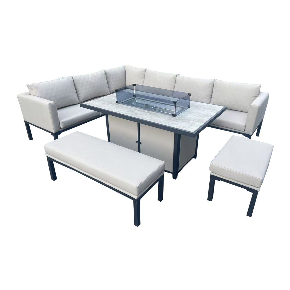 Malaga Beige L-Shaped Metal Patio Set with Rectangular Fire Pit Table - Outdoor Furniture for Garden, Backyard, and Poolside Relaxation