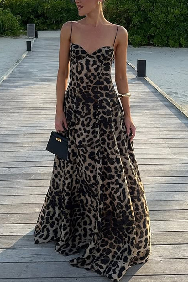 Elegant Leopard Print A-Line Maxi Dress with Waist Accent - Perfect for Maldives Vacation, Beach Wedding & Summer Parties