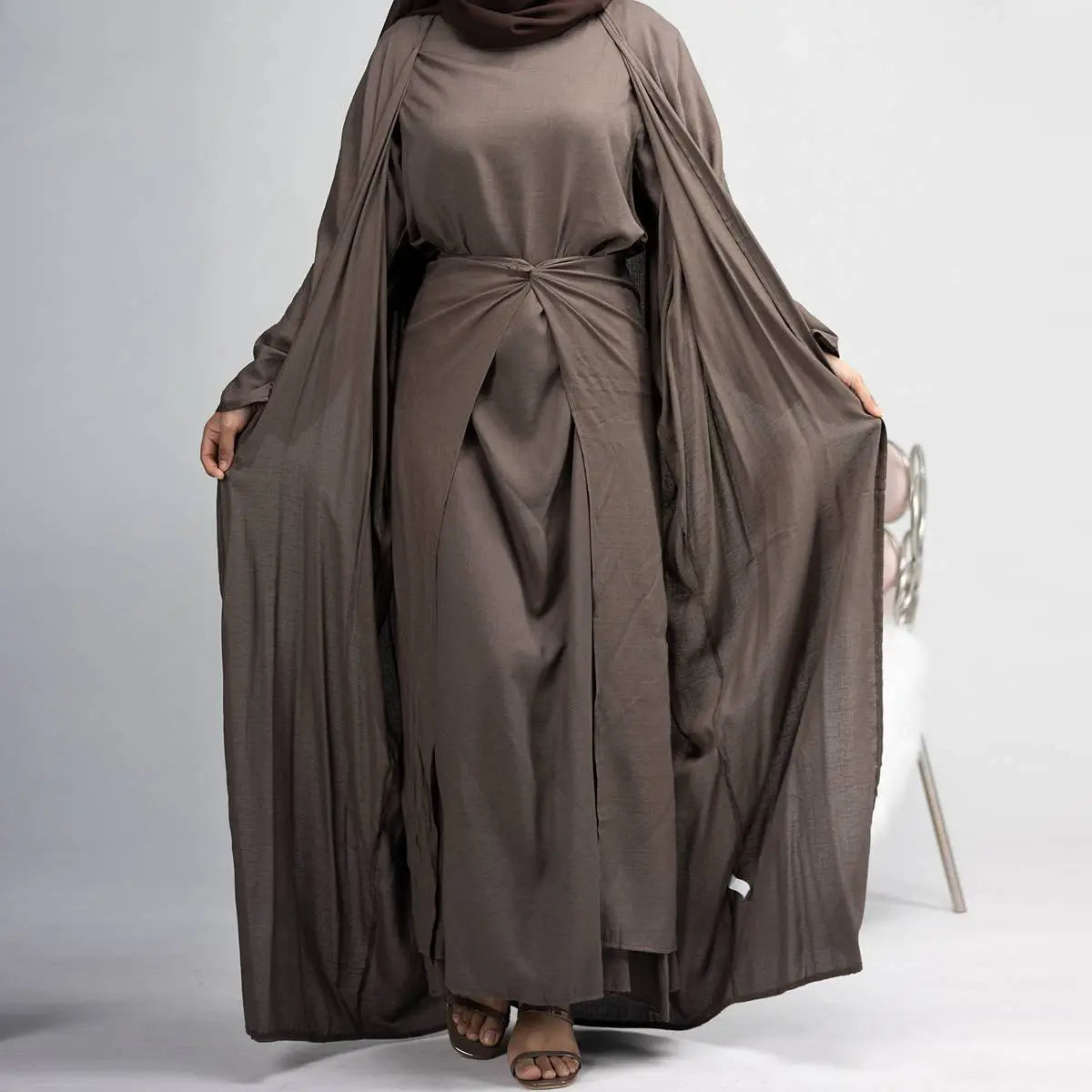 4 Piece Muslim Open Abaya Dress Set with Scarf - Modest Islamic Prayer Outfit for Women, Elegant Loose Flowing Abaya with Mid Wrap & Inner Dress - Perfect for Mosque, Eid, Ramadan & Special Occasions