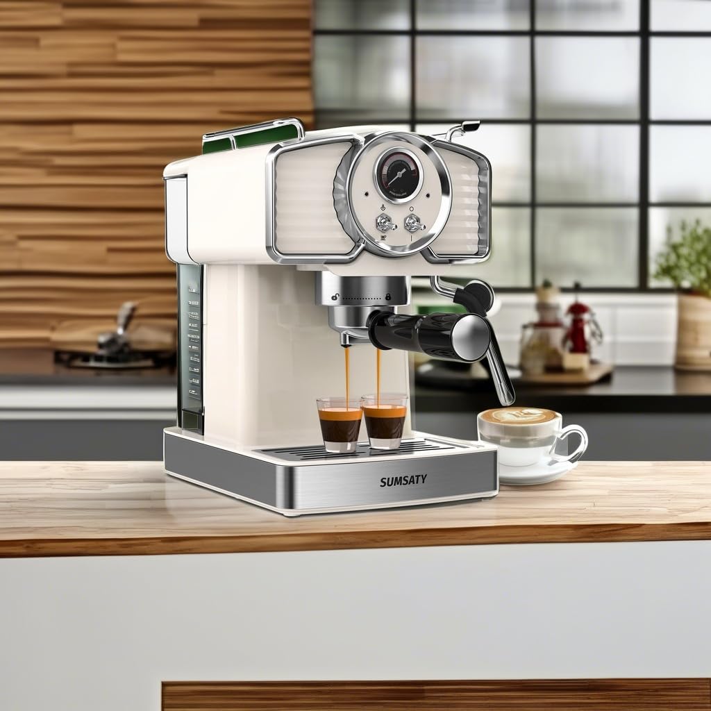 Professional 20 Bar Espresso Machine with Milk Frother Steamer Wand - 1.8L Removable Water Tank - Retro Off-White Coffee Maker for Home - Perfect for Making Espresso, Cappuccino & Latte - Ideal for Kitchen, Office or Small Coffee Shop Use