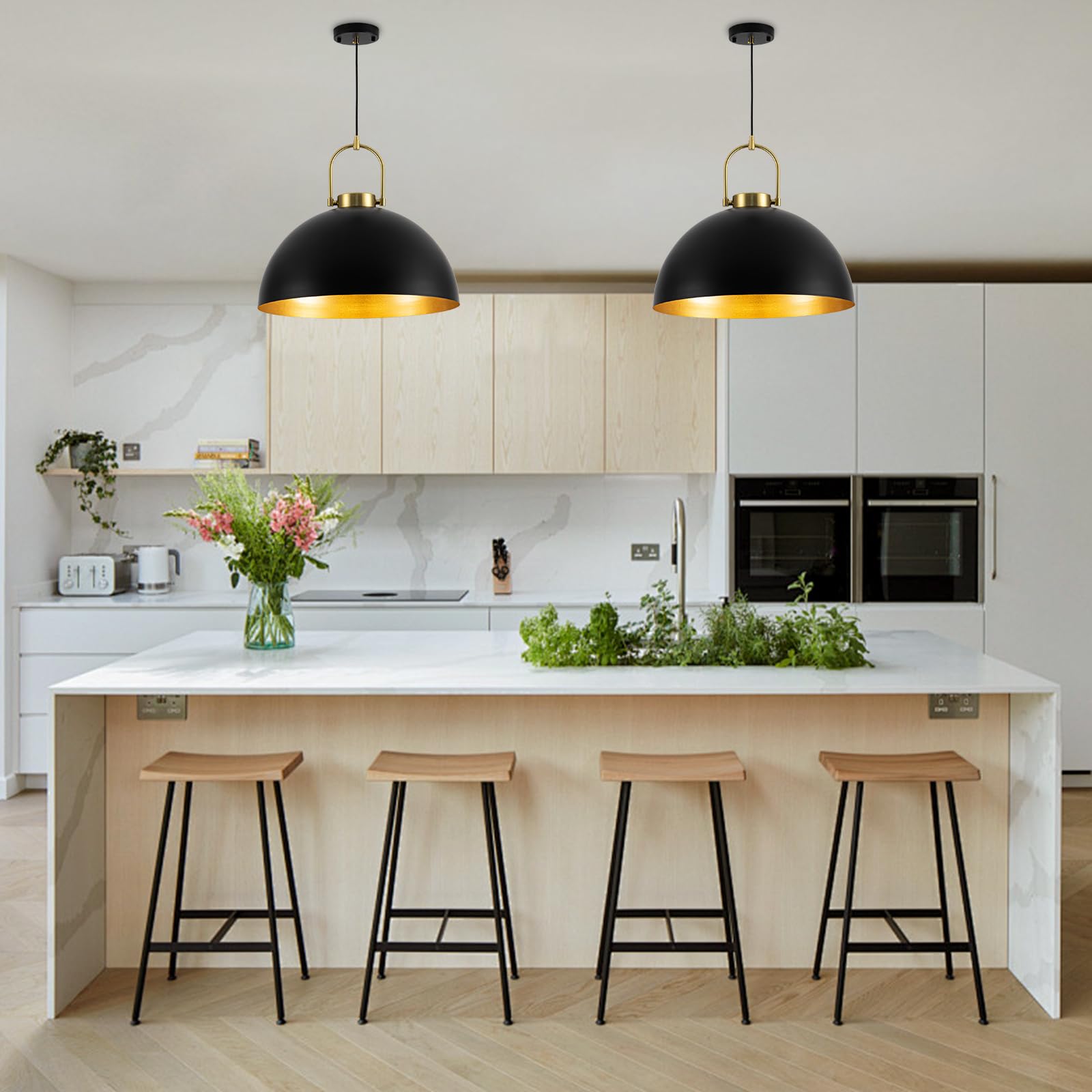 Black Industrial Pendant Light Fixtures - Large Dome Chandelier, Modern Space-Saving Hanging Lamp (19.69 Inch) for Kitchen Island, Dining Room, Living Room & Hallway | Perfect for Farmhouse, Loft & Contemporary Home Decor