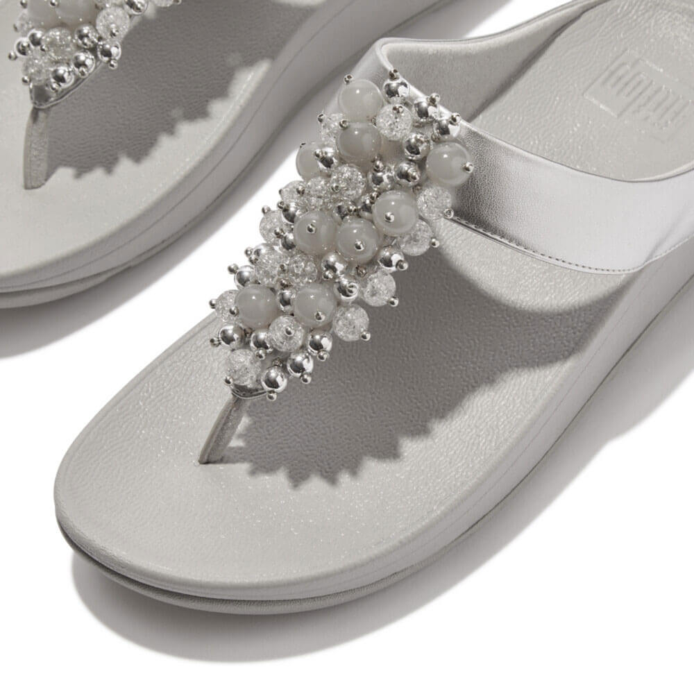 FitFlop Fino Bauble Bead Leather Sandals for Women - Silver | Comfortable & Stylish Flip Flops for Beach, Pool & Summer Outfits