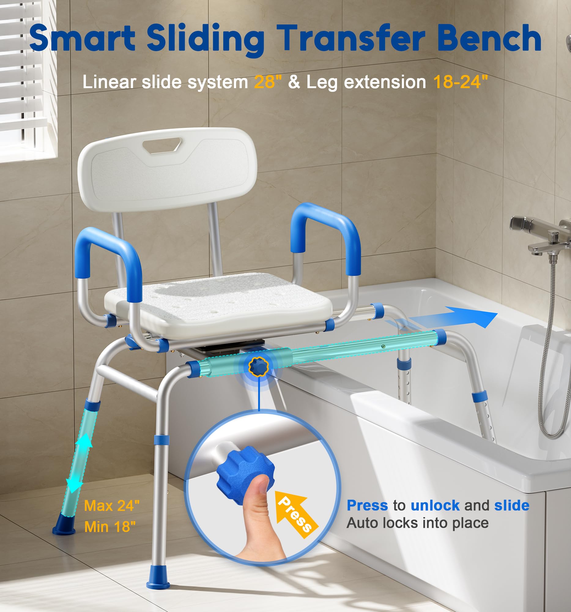 FSA/HSA Eligible Sliding Shower Chair with Extra-Wide 360° Swivel Seat - 330lbs Weight Capacity Tub Transfer Bench with Non-Slip Padded Arms & Adjustable Height - Ideal for Elderly & Disabled Bath Safety - Perfect for Shower, Bathtub & Bathroom Mobility Assistance