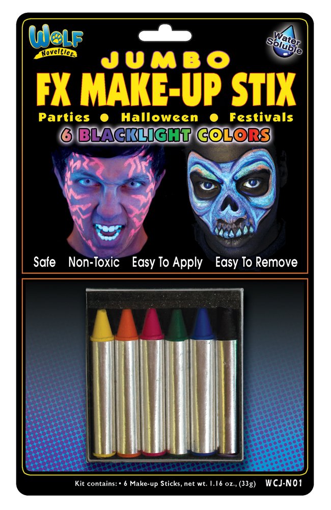 Jumbo Neon Blacklight FX Make-Up Sticks - Glow in the Dark Face & Body Paint for UV Parties, Halloween, Raves & Festivals