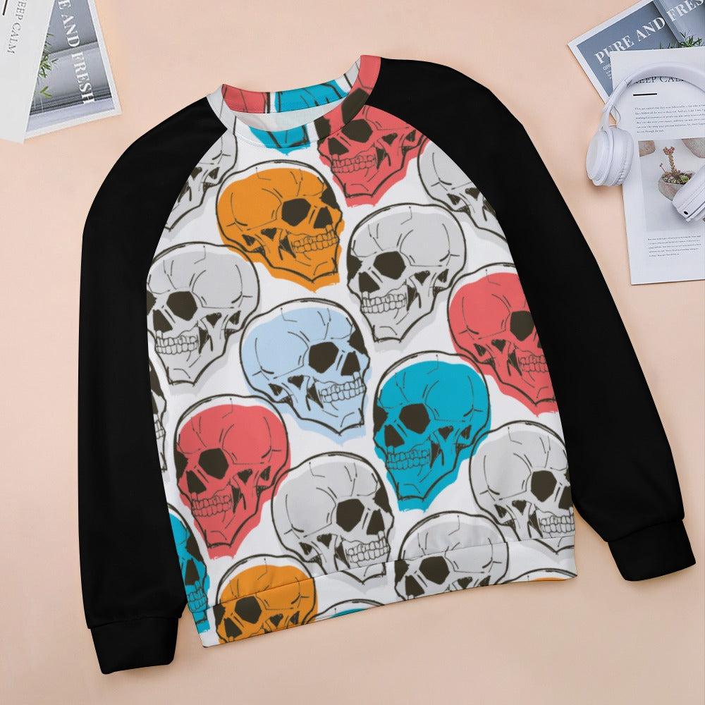 Stylish Colorful Skull Print Raglan Round Neck Sweater for Men & Women | Trendy Graphic Pullover for Casual Wear, Halloween Costume & Street Fashion