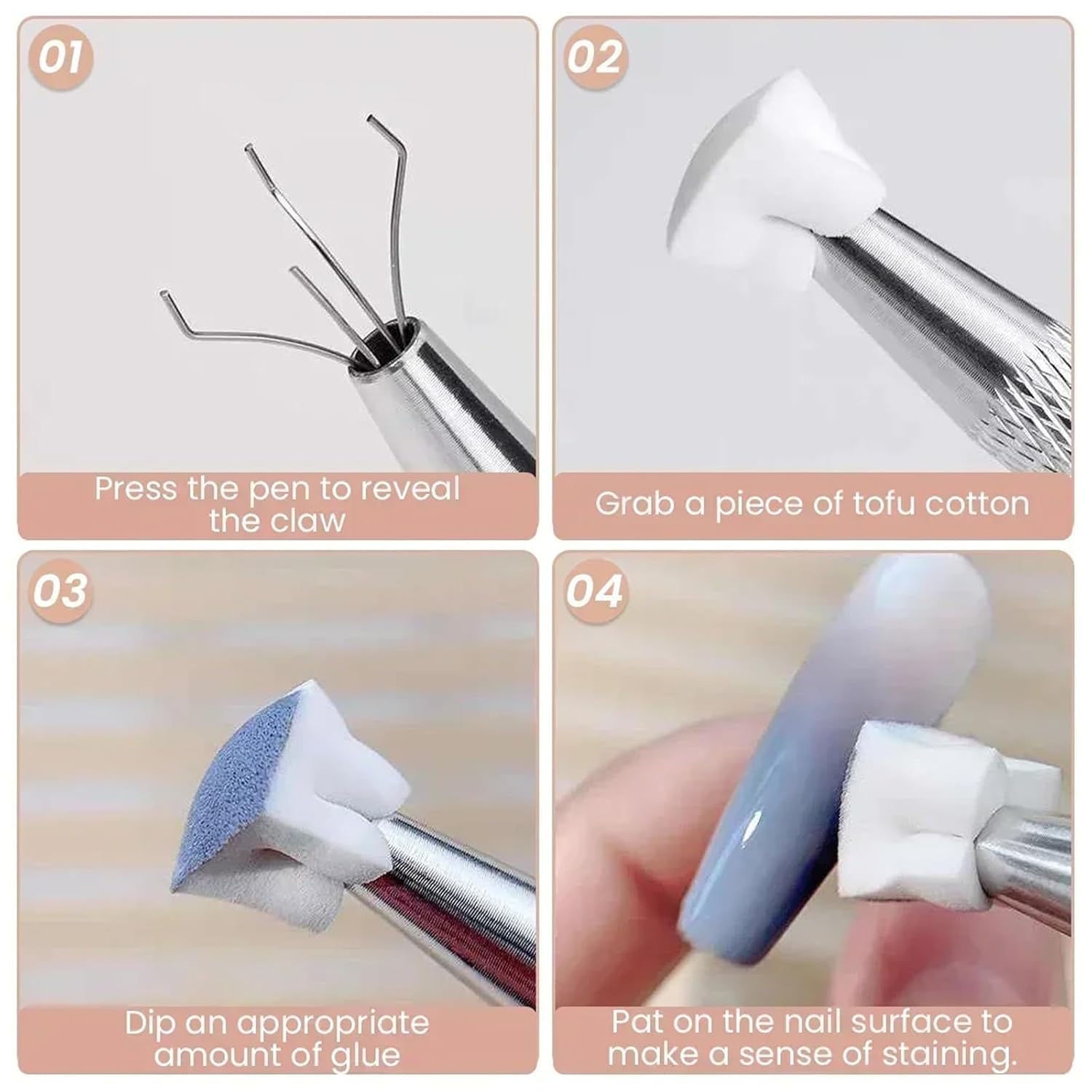 4 Claws Nail Sponge Metal Grabber with 100 Pcs Mini Replaceable Nail Sponge Blocks - Ombre Nail Art Sponges & Professional Nail Art Tools for Salon, DIY Manicure, Nail Supplies & Accessories - Perfect for Gradient, French Tip & Creative Nail Designs