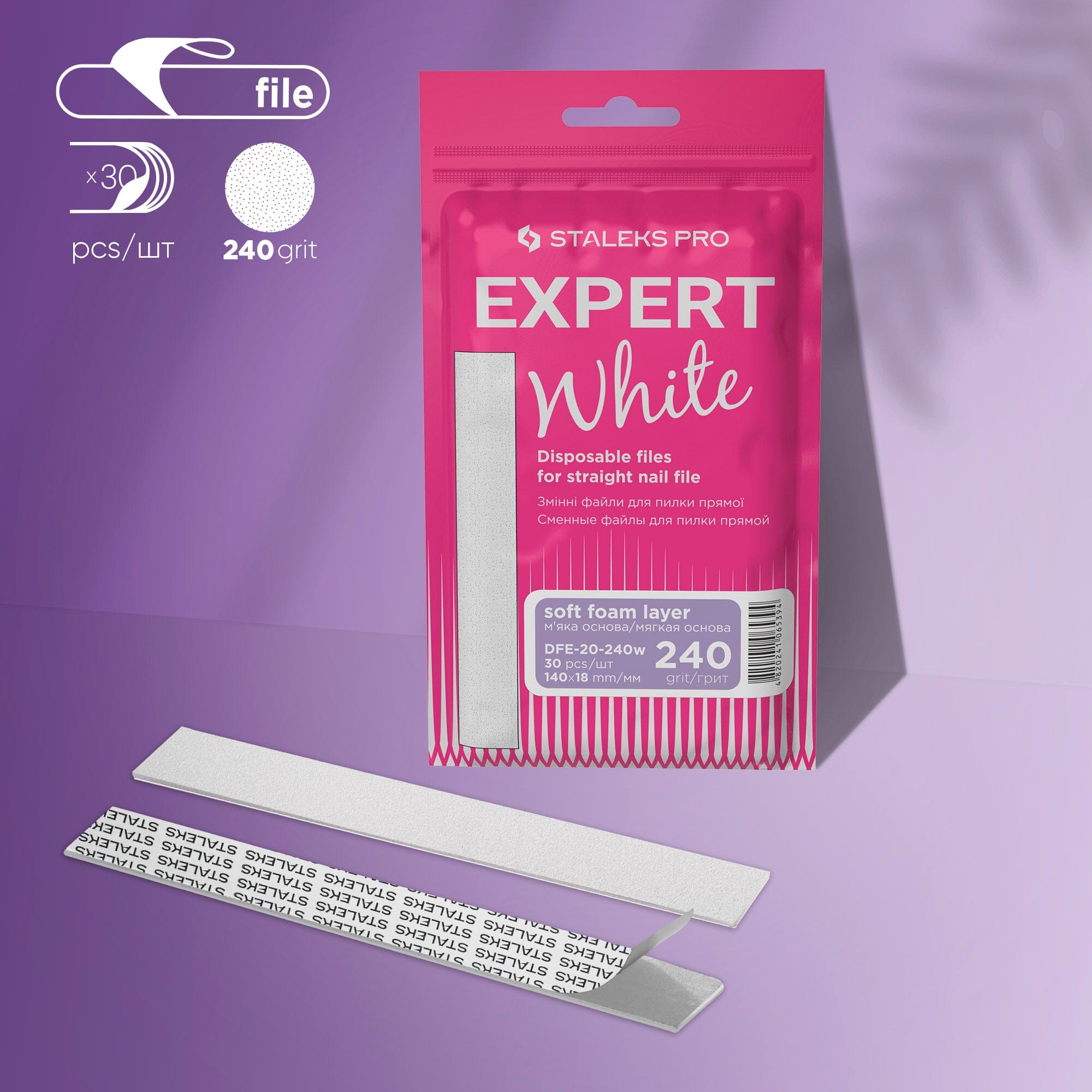 Staleks Expert 20 Disposable White Nail Files - 240 Grit, 30 Pack - Soft Foam Layer for Smooth & Precise Manicures - Perfect for Salons, Home Use & Travel