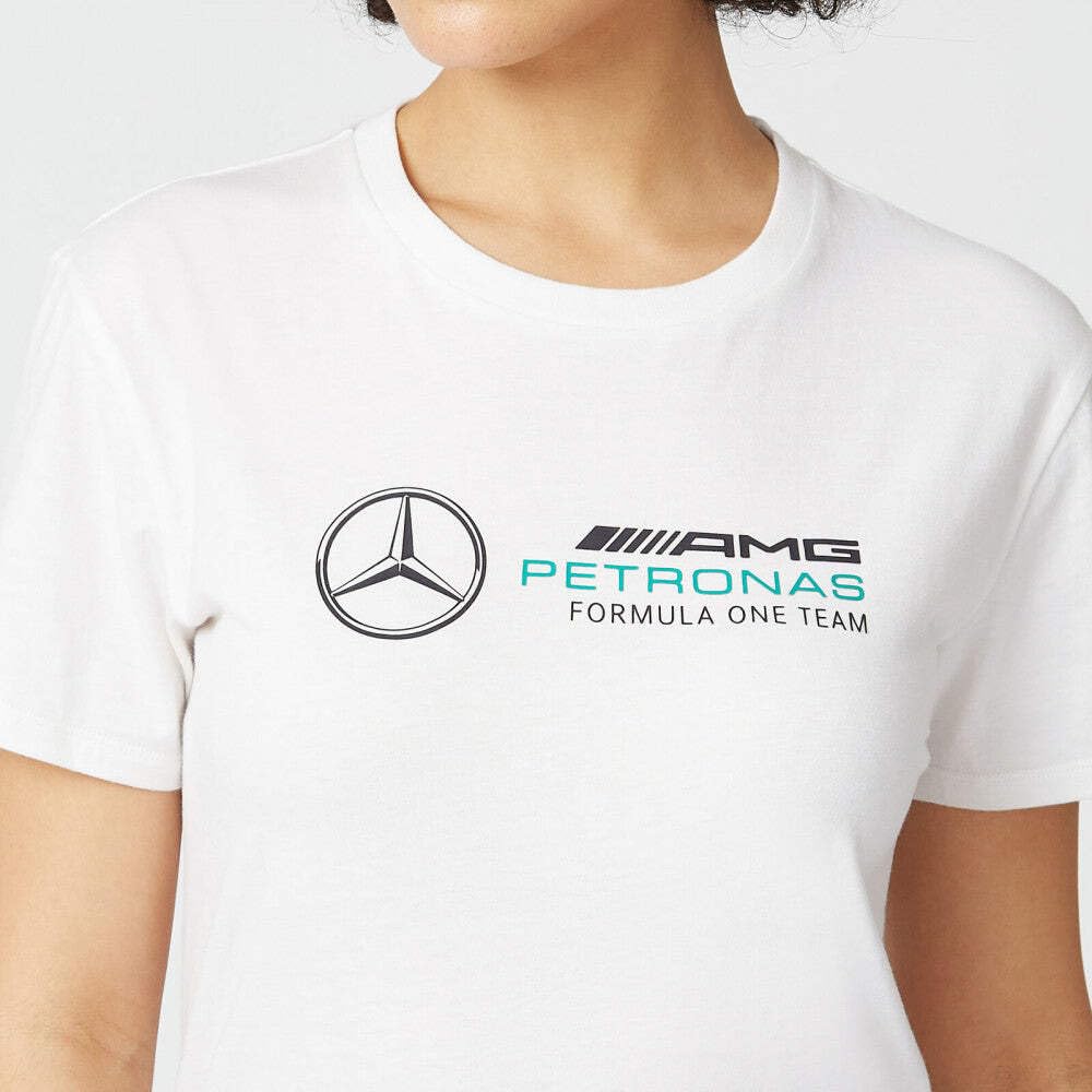 Official Mercedes AMG Petronas F1 Team Women's Large Logo T-Shirt - White - Size S | Formula 1 Racing Merchandise & Fan Apparel for Women