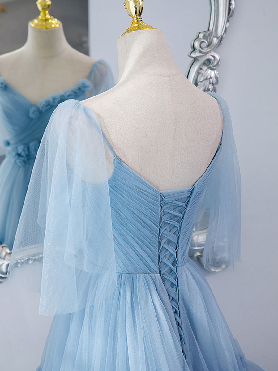 Elegant Blue V-Neck Tulle Long Prom Dress for Women - Formal Evening Gown for Homecoming, Ball, and Special Occasions