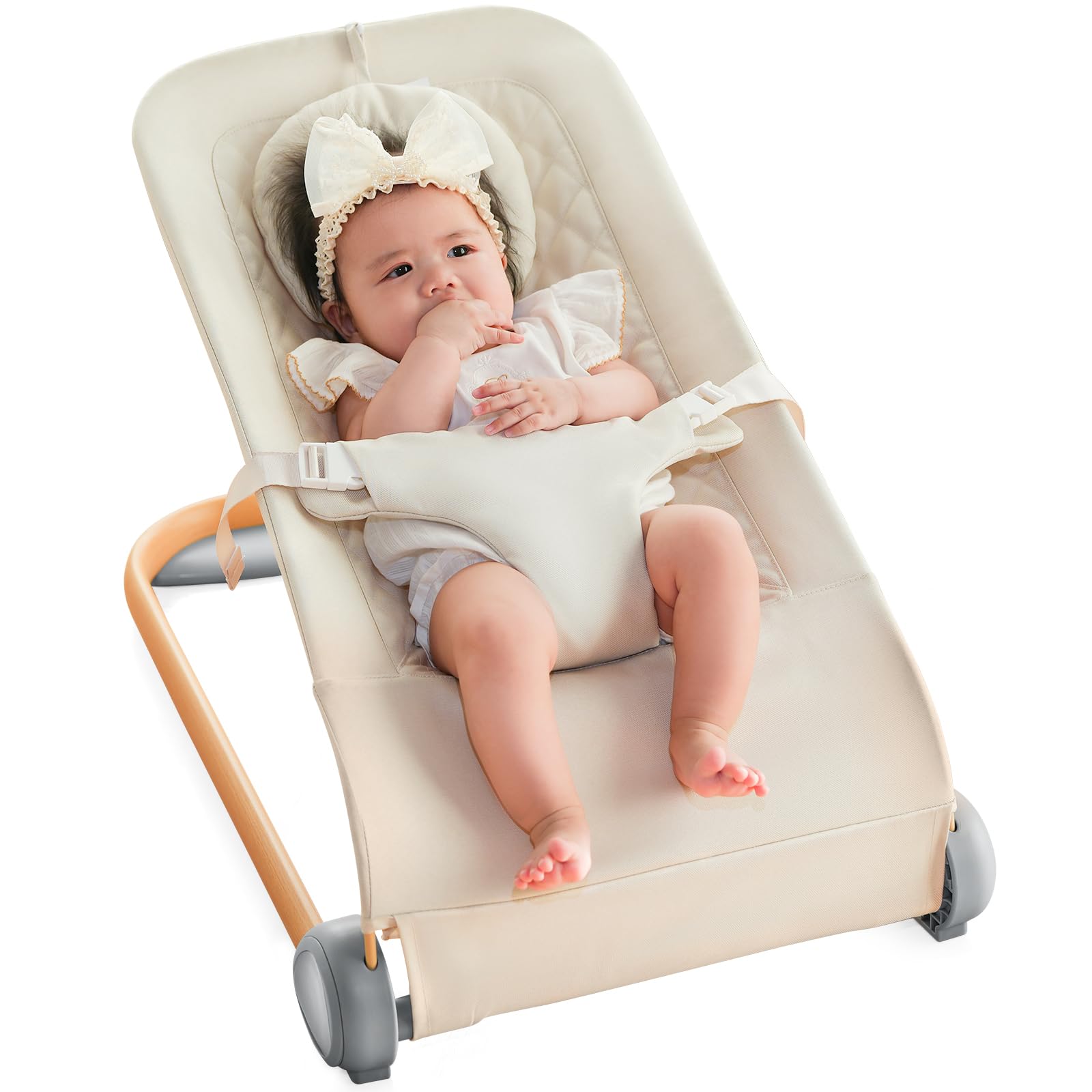 Fodoss Baby Bouncer - Portable Infant Bouncer Seat with Ergonomic Design | Lightweight Baby Bassinet & Rocking Chair for Newborns | Perfect for Nursery, Travel & Soothing Fussy Babies (Beige)
