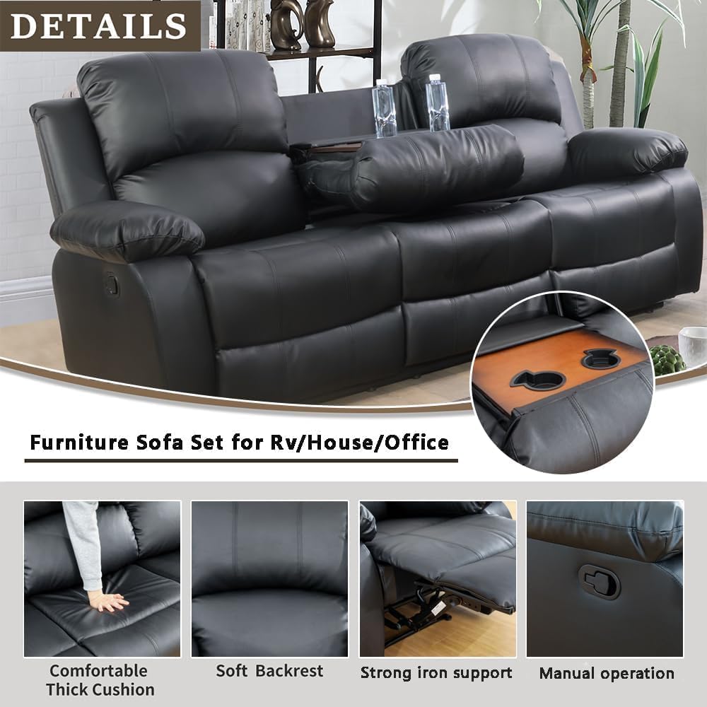 Premium Bonded Leather Reclining Sofa Set - 3 Piece Living Room Furniture (Loveseat & Recliners, Black) for Home Theater & Family Relaxation