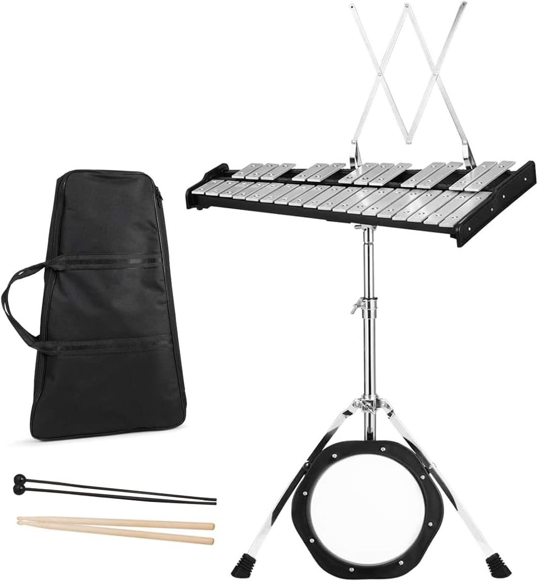 MEDIMALL 30-Note Glockenspiel Bell Kit - Professional Xylophone Percussion Instrument Set with Adjustable Stand, Music Stand, Mallets & Drum Sticks - Includes 8