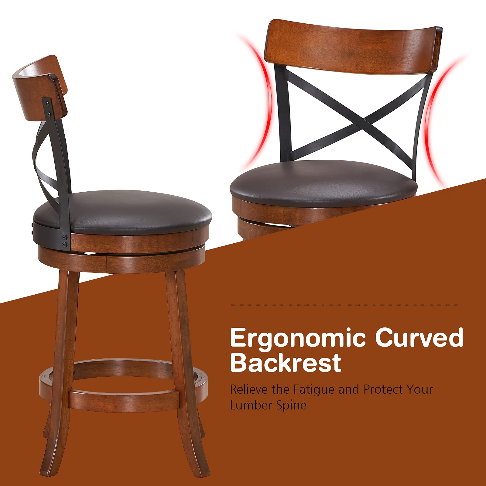 COSTWAY 4-Piece Bar Stool Set - 360° Swivel Solid Wood Bar Stools with Soft Cushion & Backrest, 25