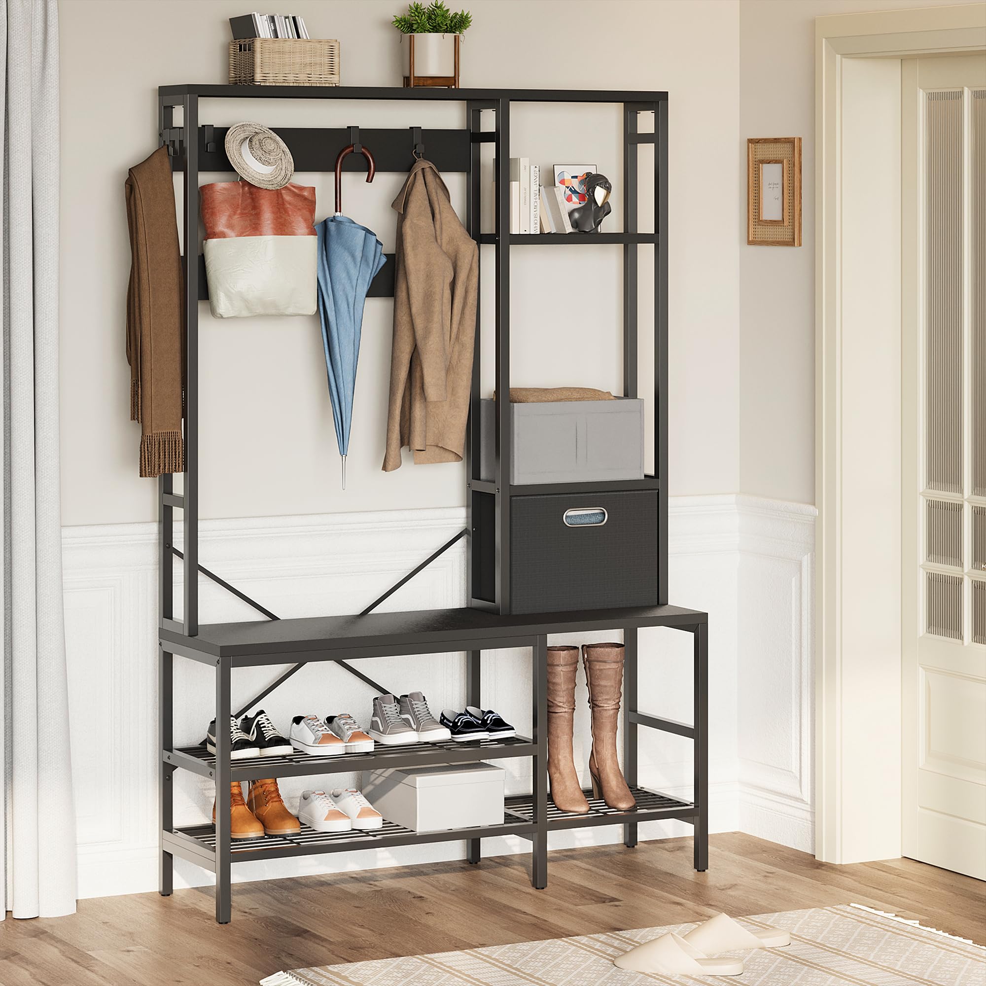 Shintenchi 5-in-1 Hall Tree with Bench, Shoe Storage & Removable Coat Hooks - Modern Entryway Organizer with Fabric Storage Basket for Hallway, Bedroom or Mudroom (Black) - Perfect for Small Spaces & Home Organization