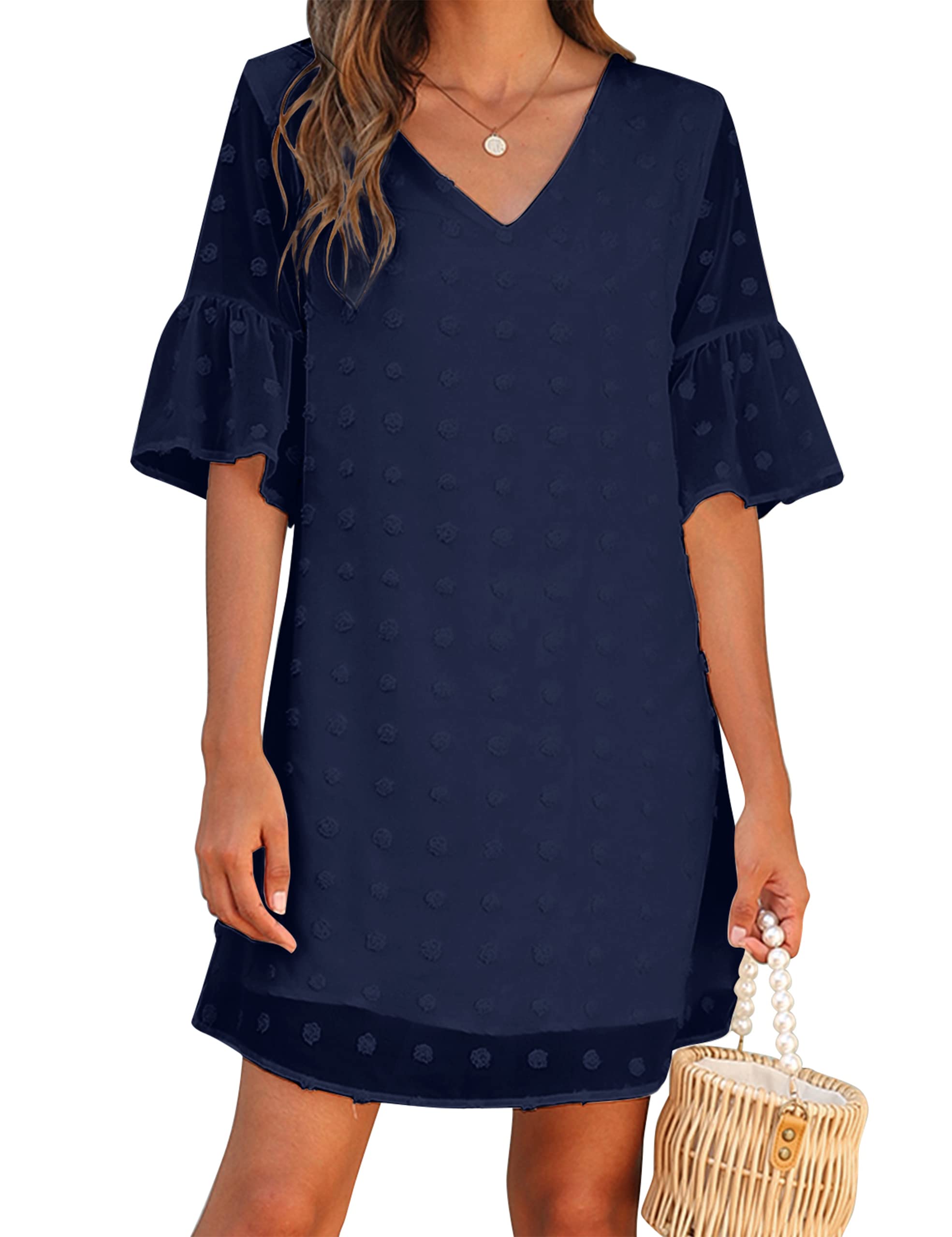 Women's White Chiffon Flowy Short Sleeve V-Neck Ruffle Sun Dress - Cute Shift Mini Dress for Summer, Beach, Party & Casual Wear