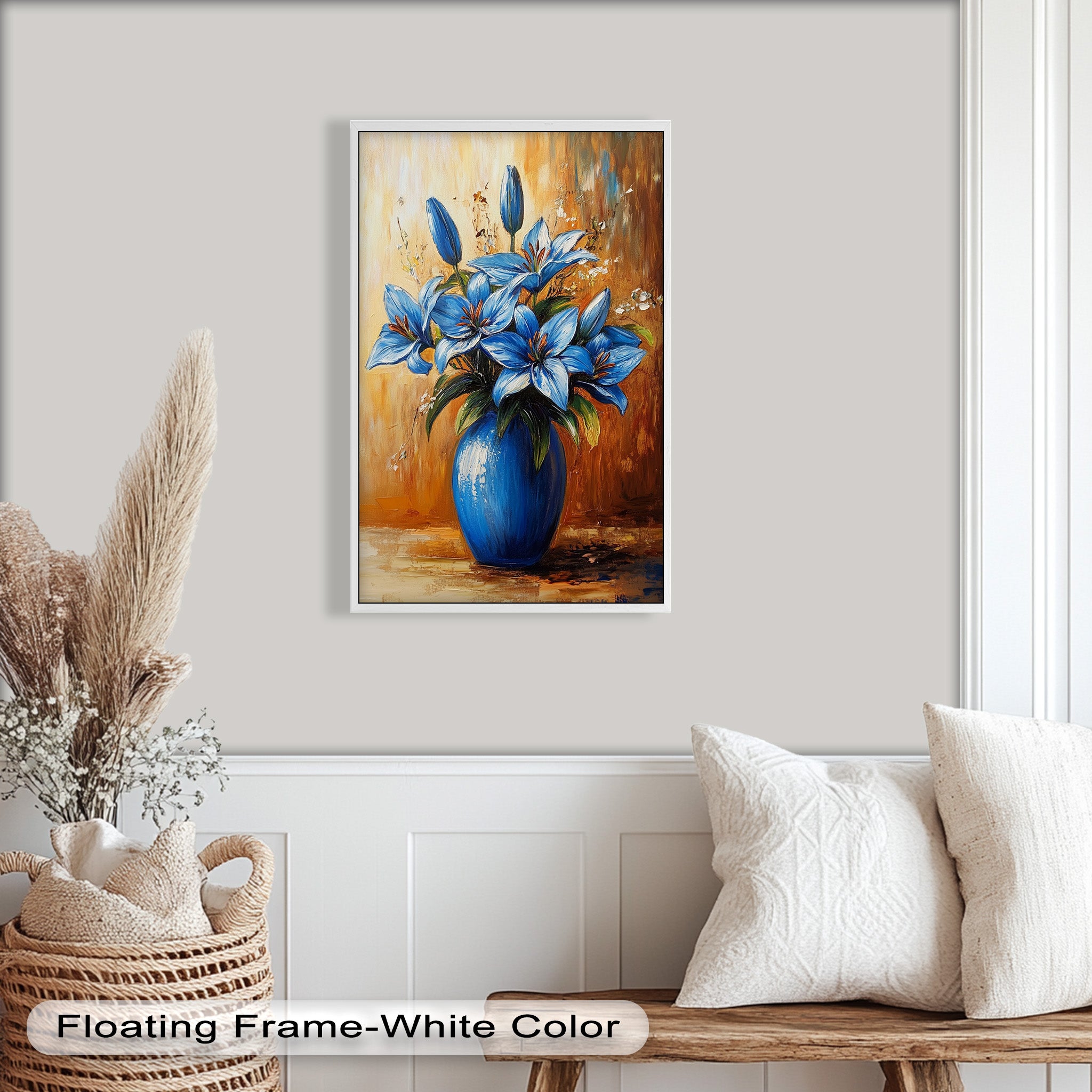 Azure Blossoms in Blue Vase - Hand-Painted Floral Oil Canvas Artwork for Living Room Decor | Wall Art for Home & Office