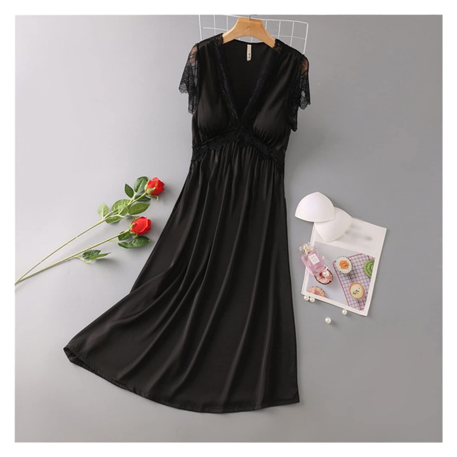 Silk Satin Long Nightgown for Women - Lace Patchwork Sleep Dress, Comfortable Loose Sleepwear & Intimate Lingerie (Black, Medium) - Perfect for Summer Nights, Bridal Shower Gift, Honeymoon & Relaxing at Home
