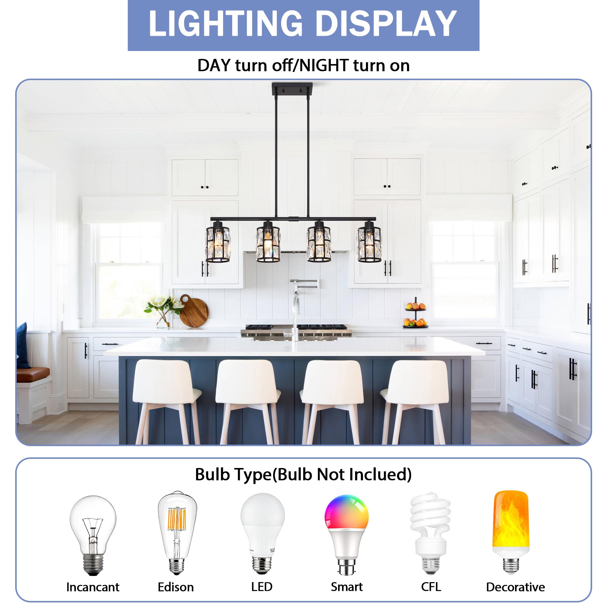 Farmhouse Matte Black Crystal Pendant Light Fixture - Modern Chandelier for Kitchen Island, Dining Room & Ceiling Lighting Over Table | Perfect for Rustic, Industrial & Contemporary Home Decor