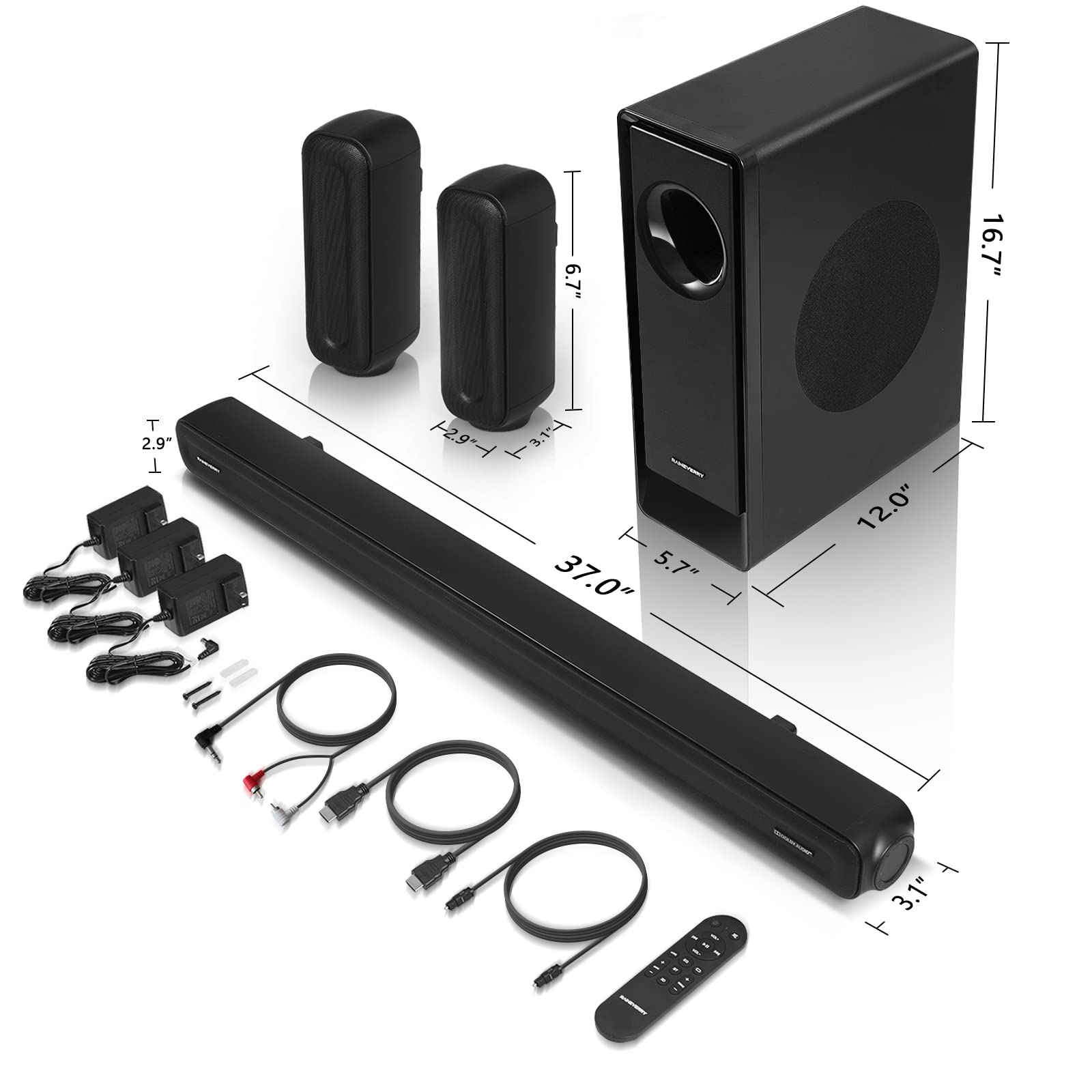 5.1 CH Surround Sound Bar with Dolby Audio & Wireless Subwoofer - Bluetooth 5.3 Soundbar for TV, Home Theater System with Rear Speakers | Dolby Digital Plus, 4K/HDTV Compatible via HDMI & Optical - Perfect for Movie Nights & Gaming Experience