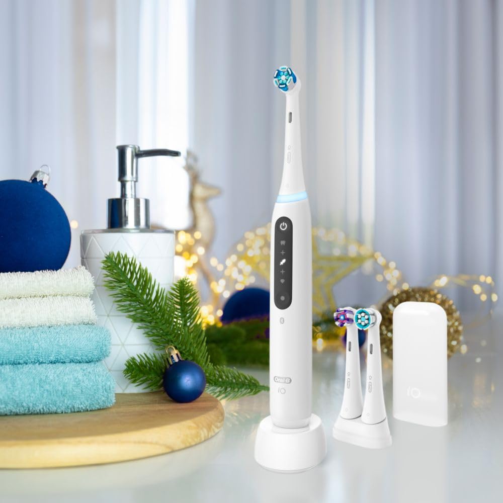 Oral-B iO5 Deep Clean + Whitening Rechargeable Electric Toothbrush with Pressure Sensor - 5 Modes, 2-Min Timer, 3 Brush Heads, Travel Case & Holder (White) - Perfect for Home Use, Travel & Teeth Whitening