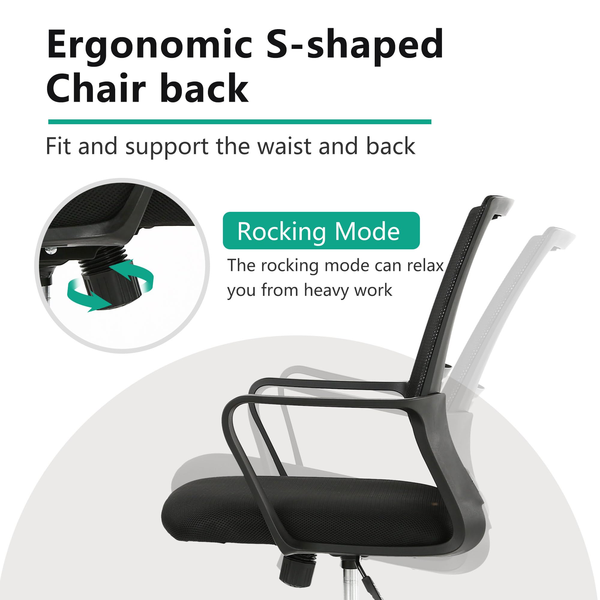 Ergonomic Gaming Chair with Lumbar Support - Adjustable Office Computer Desk Chair with Wheels, Swivel & Armrests - Mid Black Cushion for Home Office, Video Gaming & Workstation Use