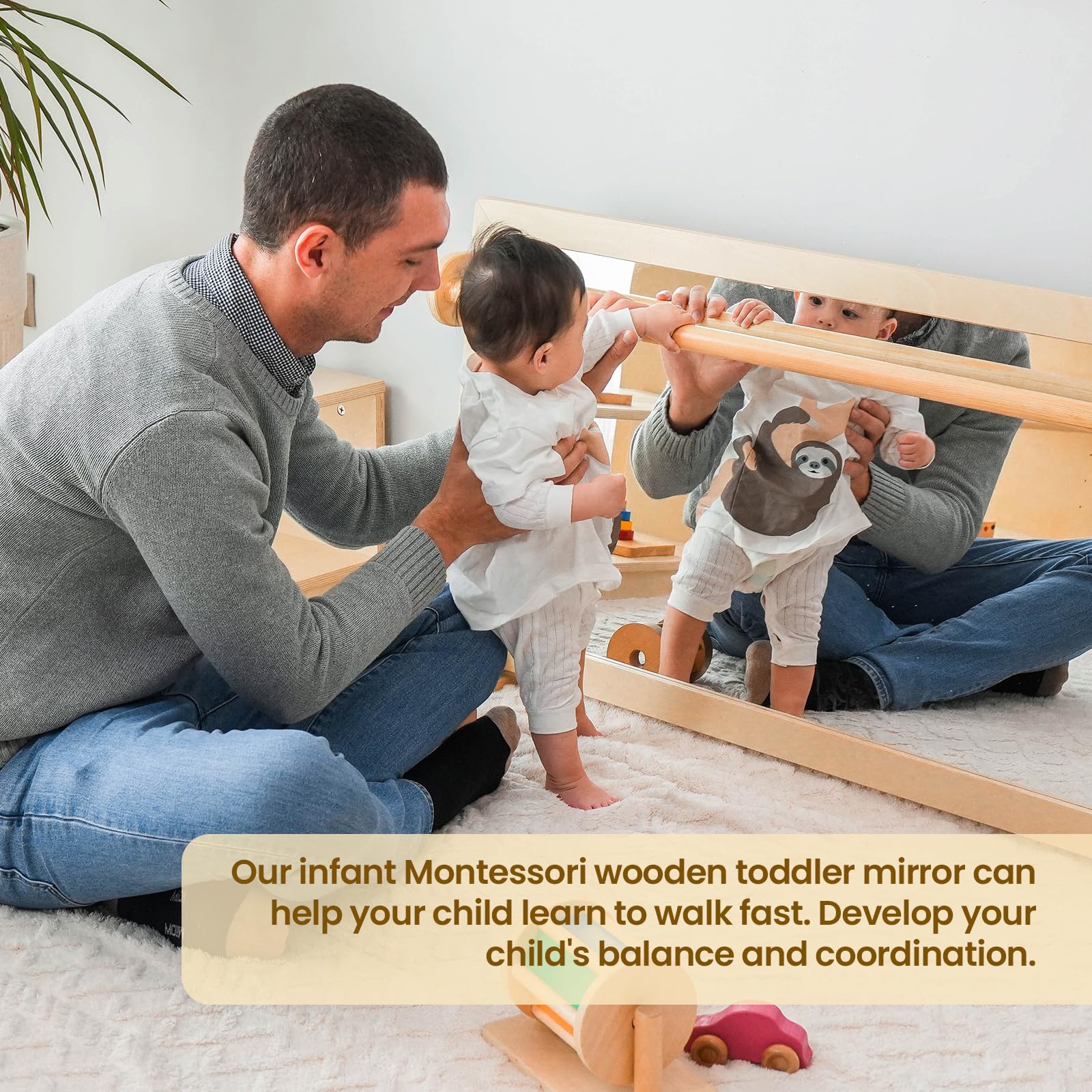 XIHAToy Montessori Wooden Toddler Mirror - Shatterproof Acrylic Safety Mirror for Kids, Dual-Use Early Learning & Walking Mirror - Perfect for Nursery, Playroom & Montessori Classroom Activities