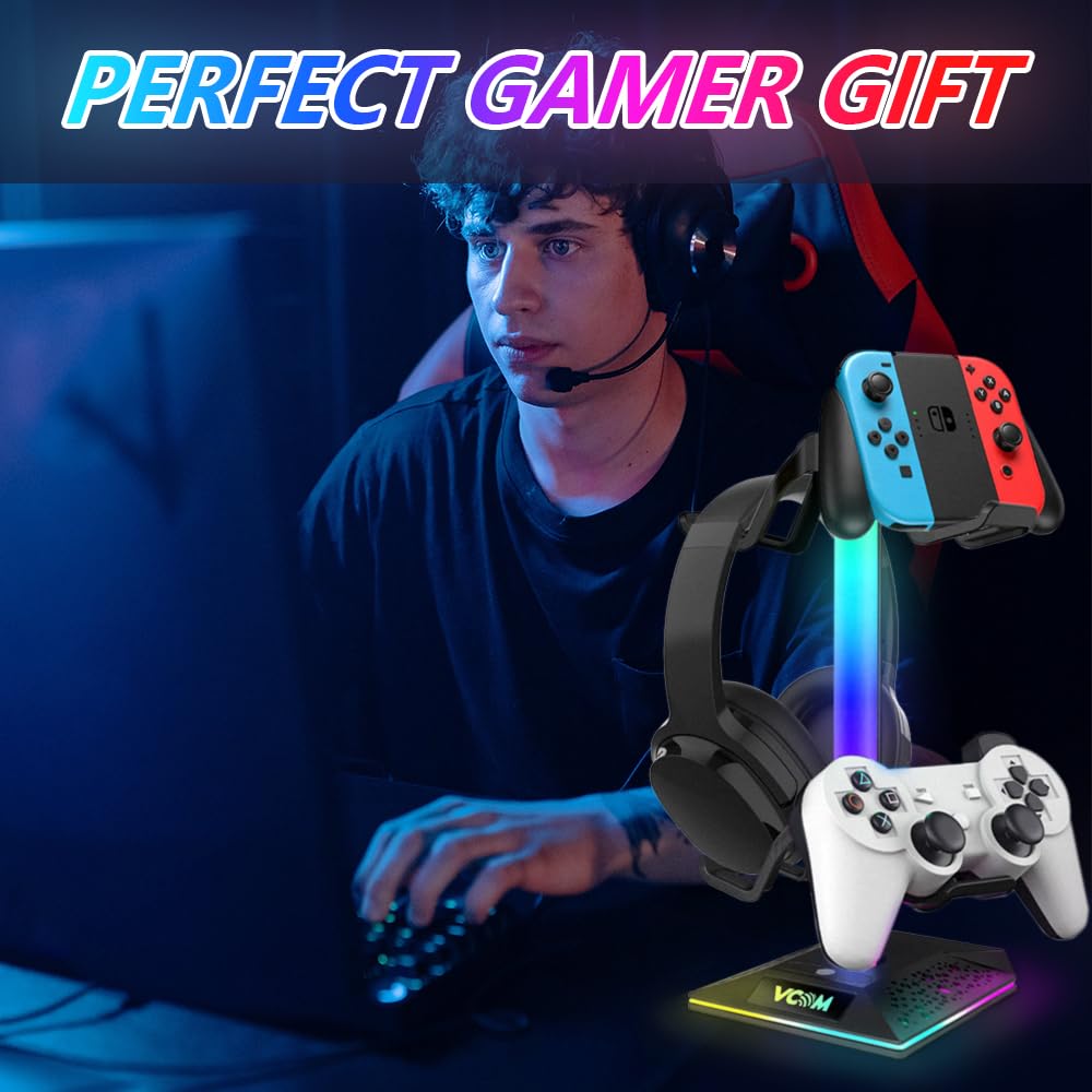 RGB Gaming Headphone Stand with 2 USB Ports & 10 Light Modes - Non-Slip Rubber Base Universal Headset Holder for PC, PS5, Xbox - Perfect Gaming Desk Accessory Gift for Gamers, Husband, Boyfriend