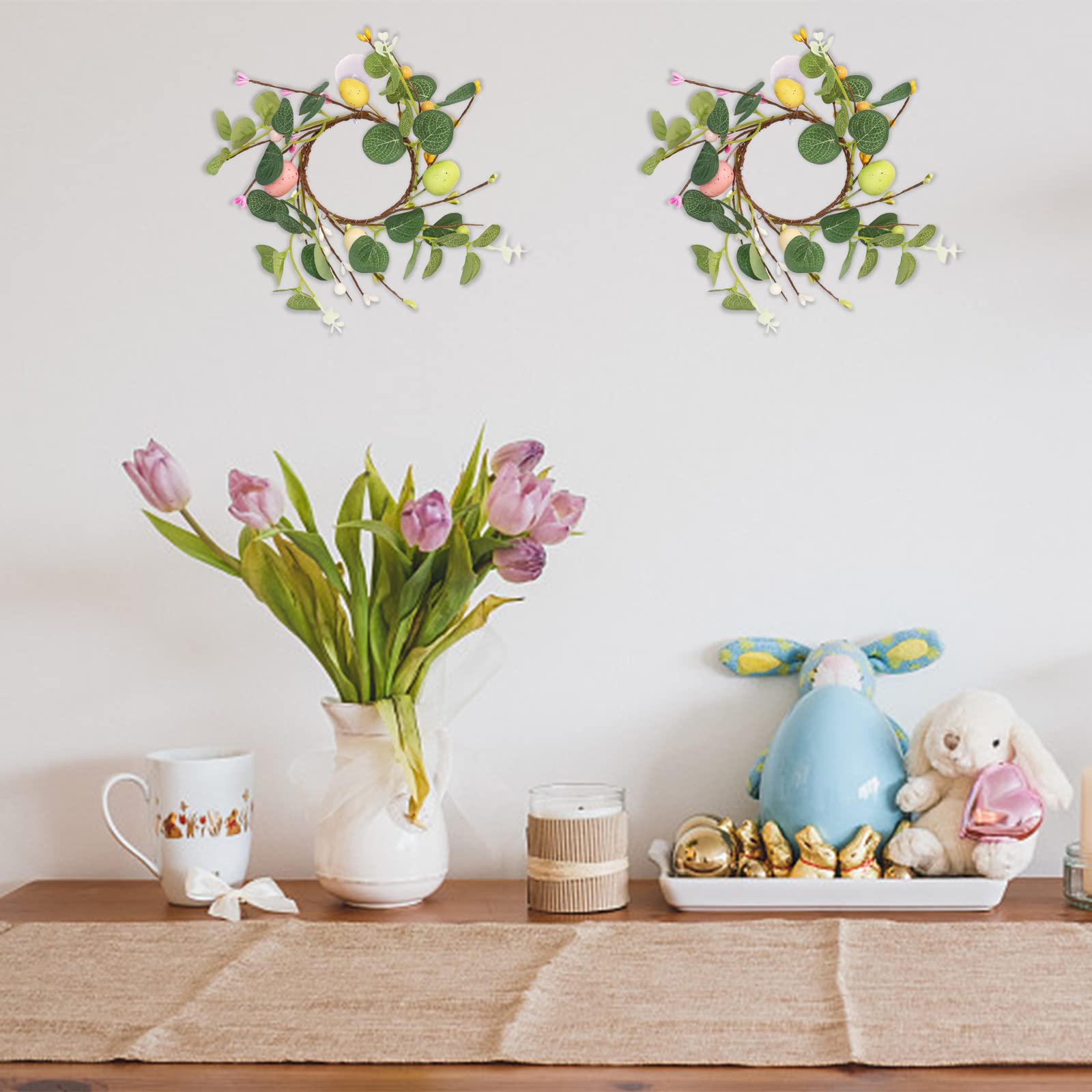 BEIJIALY 4-Pack Easter Candle Rings - Farmhouse Style Artificial Wreaths with Easter Eggs & Pip Berries for Table Decor - Green (Perfect for Easter Holiday Centerpieces, Spring Home Decor & Farmhouse Themed Parties)