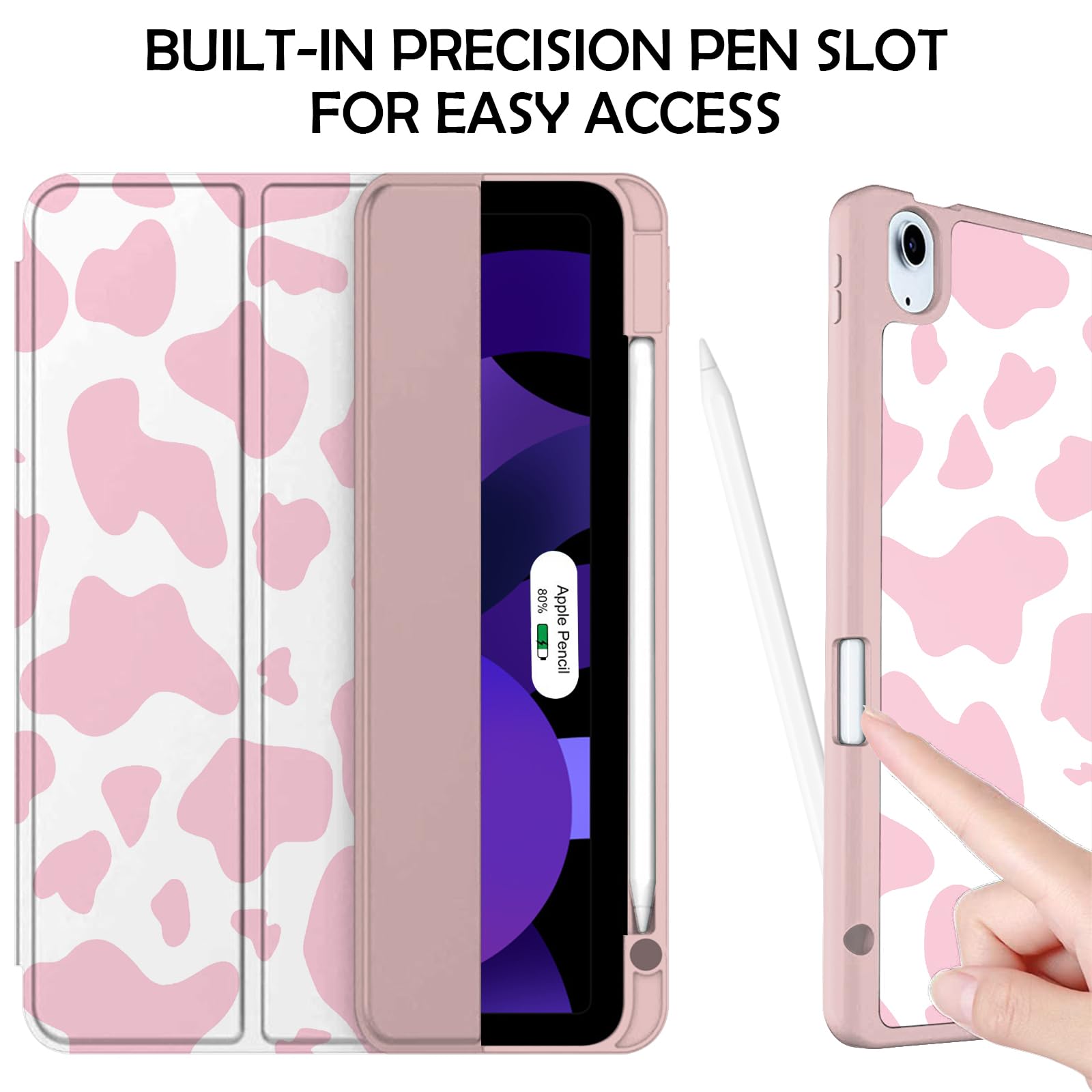 Premium iPad Air Case 11 Inch (M3 2025/M2 2024) & 10.9 Inch (5th/4th Gen 2022/2020) - Shockproof TPU Back Cover with Pencil Holder & Auto Sleep/Wake - Cute Pink Cow Design for Women & Girls - Perfect for School, Work & Travel