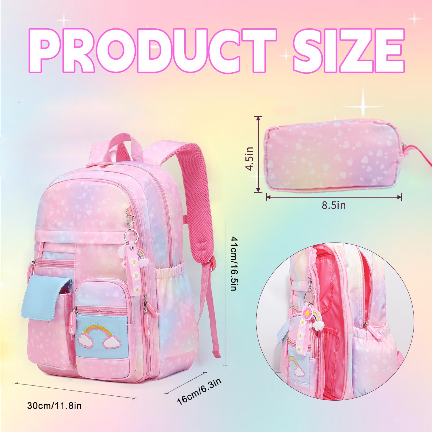 **Rainbow Girls School Backpack - Cute Kids Backpack for Back to School, Laptop & Travel with Pencil Case (Pink Set) - Perfect for School, College, Day Trips & Daily Use**